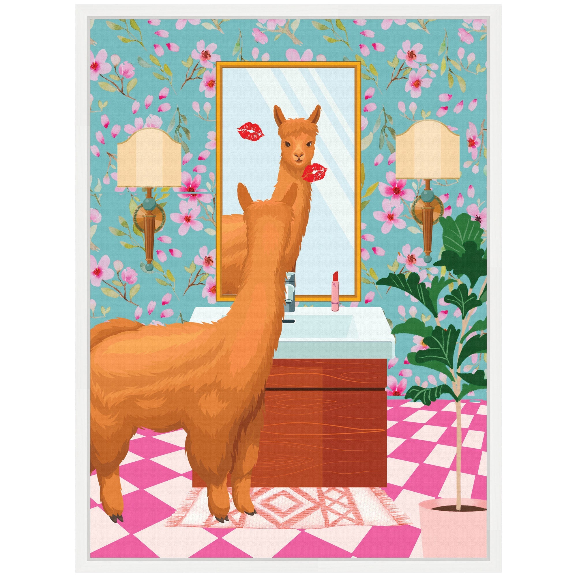 Sylvie Maximalist Llama Bathroom Mirror Framed Canvas by Honey Island Studio