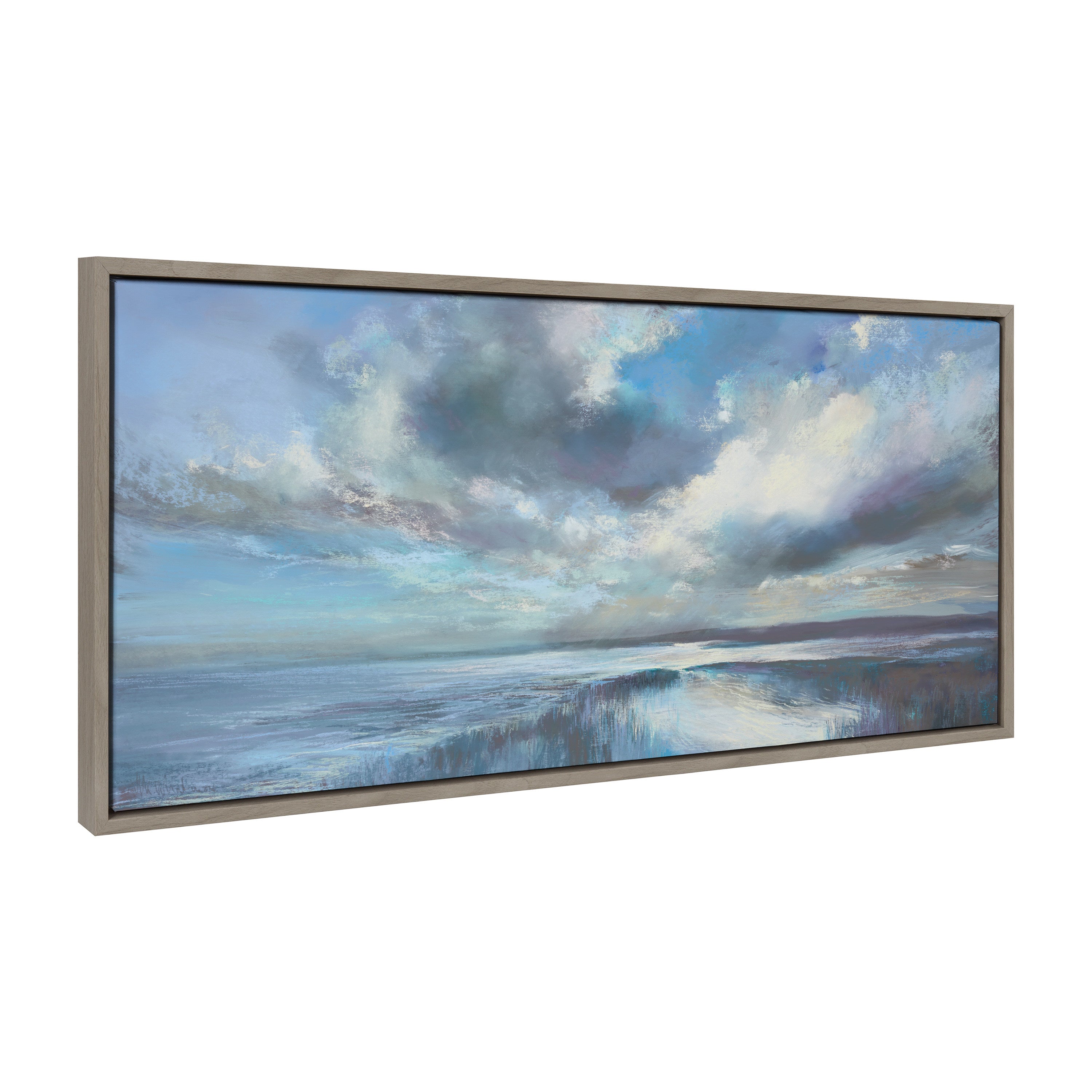 Framed canvas artwork titled Sylvie The Tide Waits for No Man by Nel Whatmore, featuring an ocean view mounted on a wall