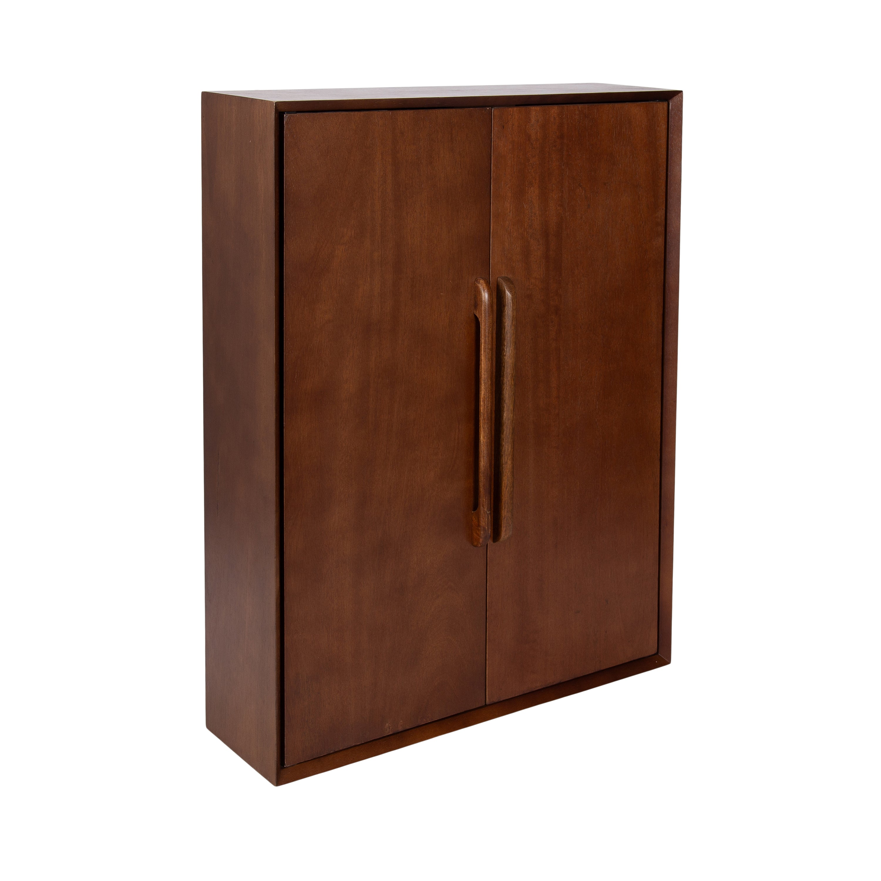 McCutcheon Floating Bathroom Cabinet in walnut brown, mounted on a bathroom wall with two closed doors