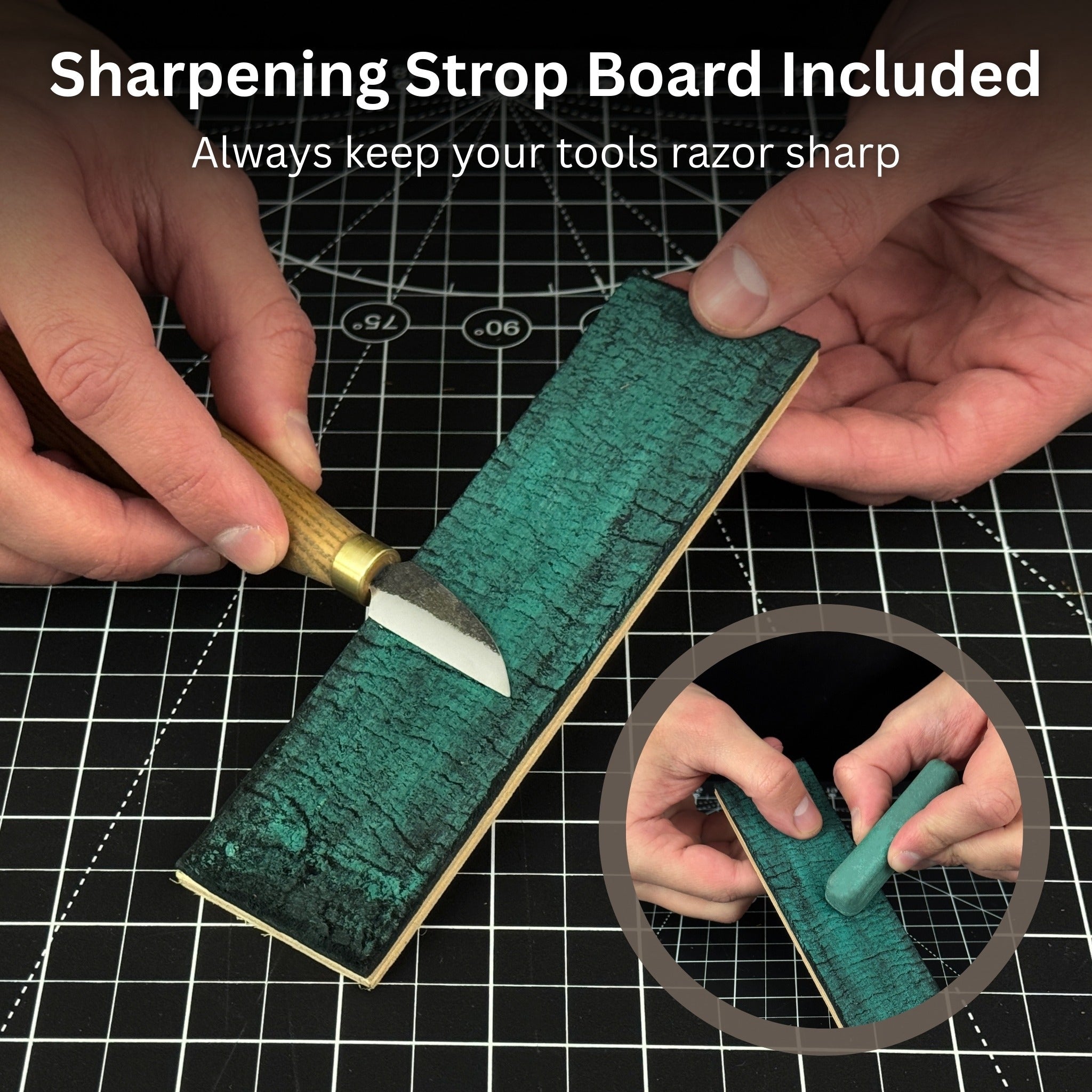 Elephant Carving Kit with hand-forged knife, wood blocks, sandpaper, sharpening board, pencil, and elephant drawing