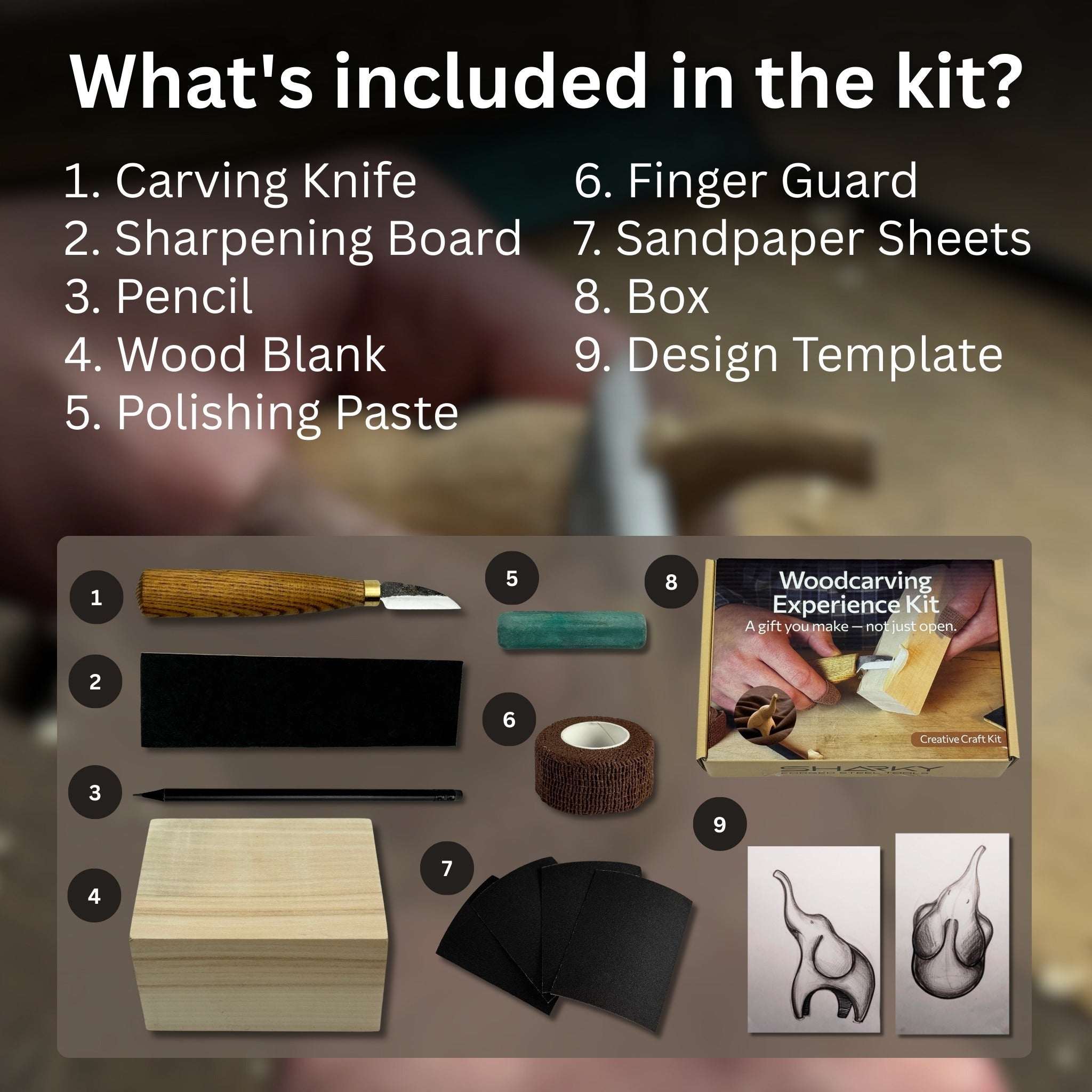 Elephant Carving Kit with hand-forged knife, wood blocks, sandpaper, sharpening board, pencil, and elephant drawing