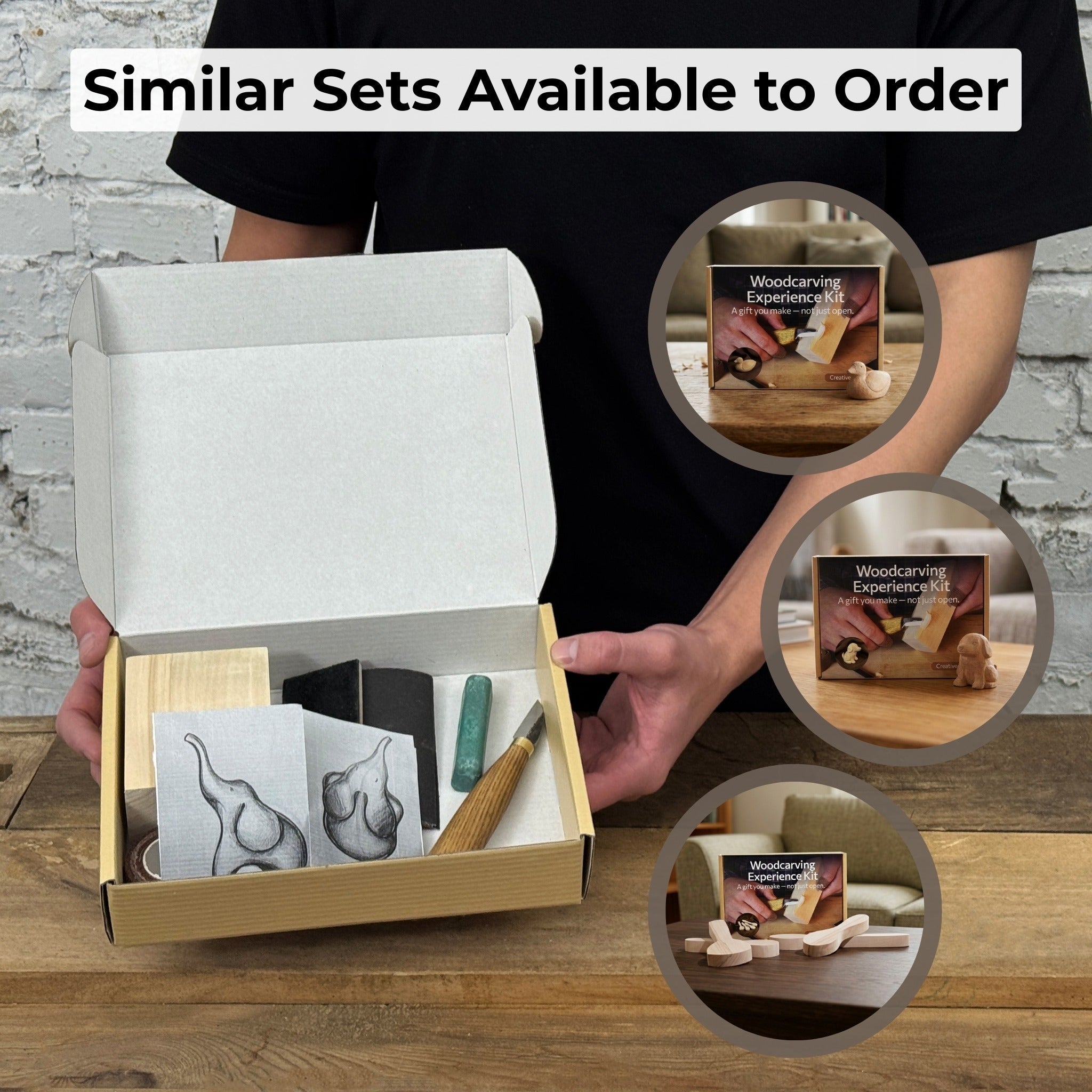 Elephant Carving Kit with hand-forged knife, wood blocks, sandpaper, sharpening board, pencil, and elephant drawing