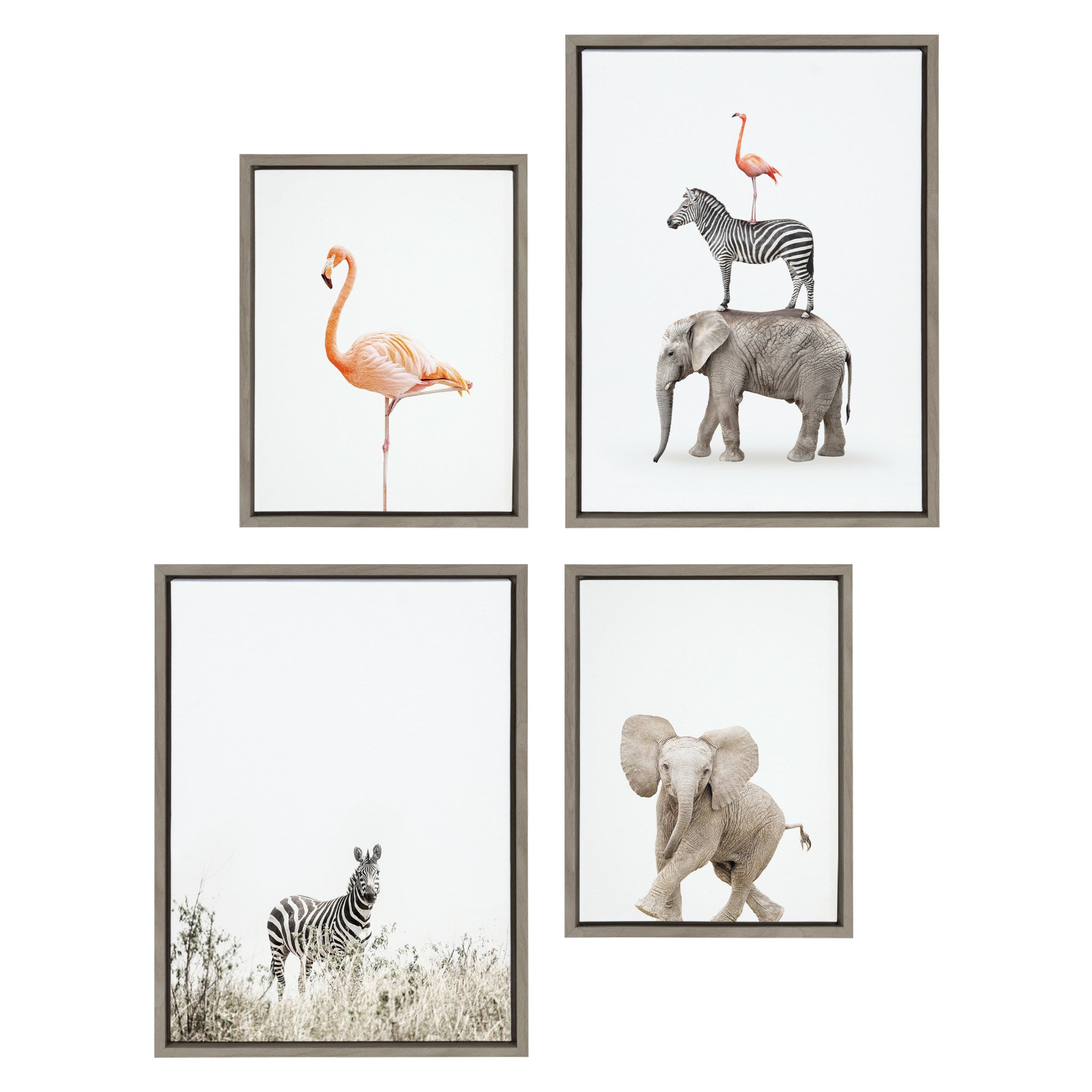 Framed canvas art set depicting zebra in tall grass, flamingo standing, baby elephant walking, and stacked safari animals