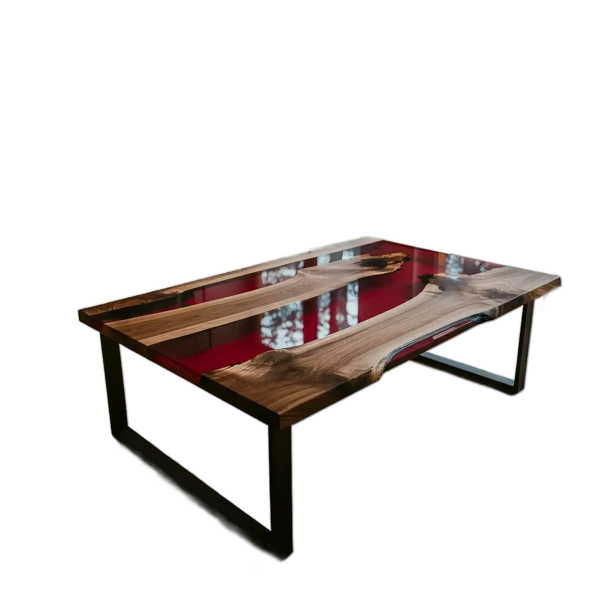 Custom epoxy coffee table with walnut wood and red resin, handmade in the USA. Modern accent table with black metal legs for living rooms.