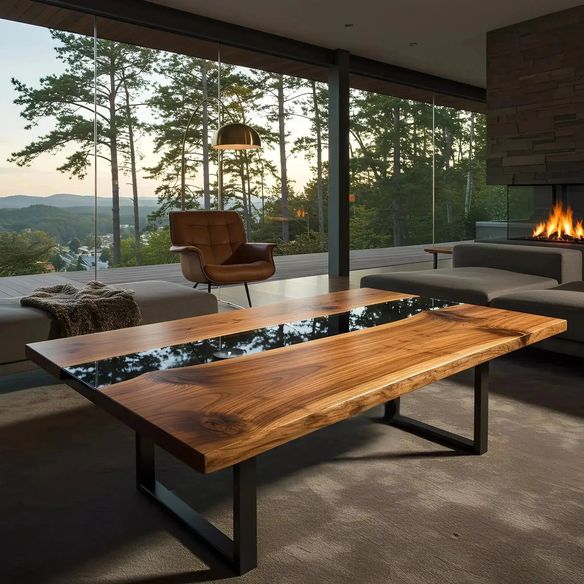 Walnut and obsidian resin epoxy coffee table in a contemporary living space. Handmade USA furniture piece with scenic outdoor view backdrop.