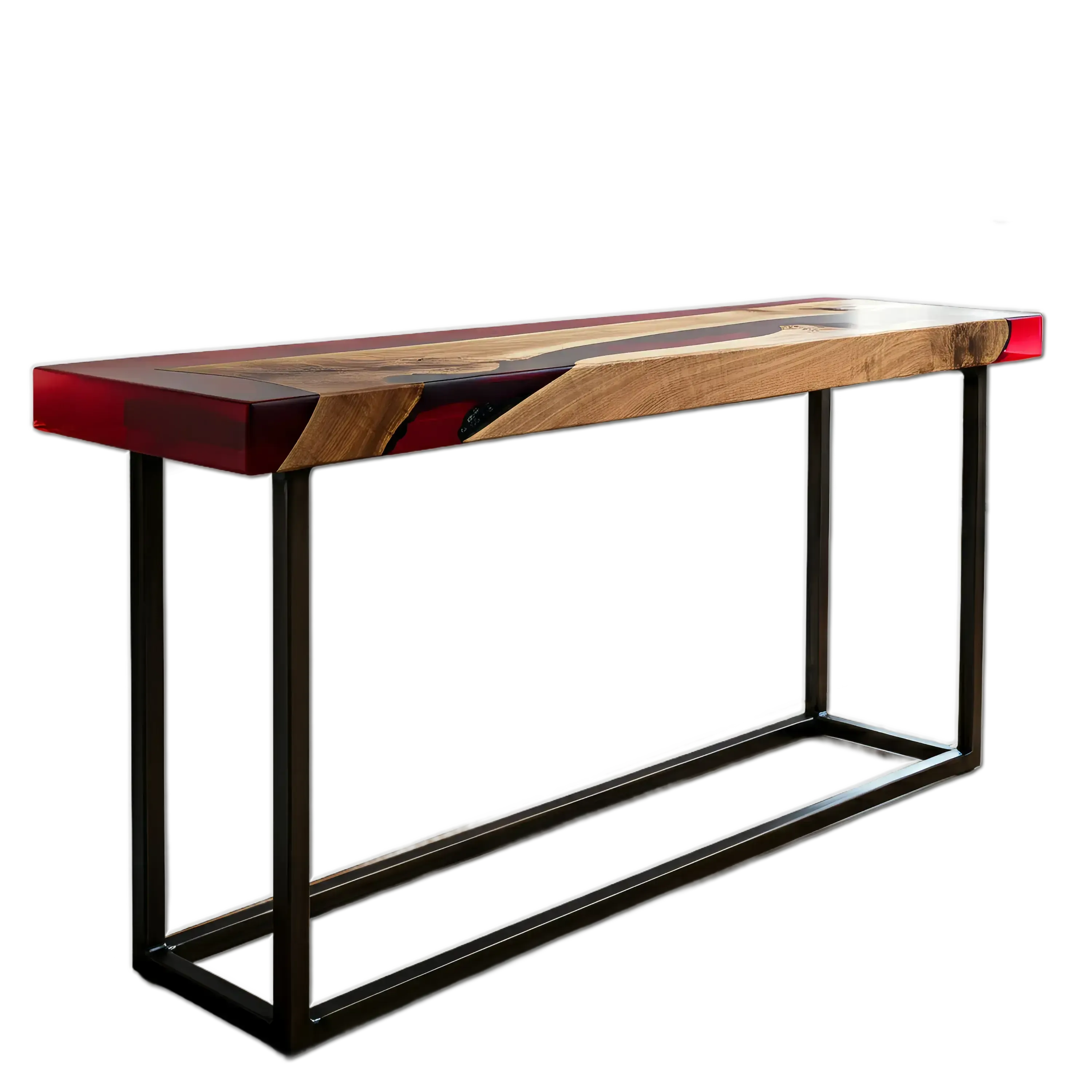 Epoxy river console table with walnut wood and red resin top, supported by a modern black metal frame. Handmade in the USA for stylish interiors.