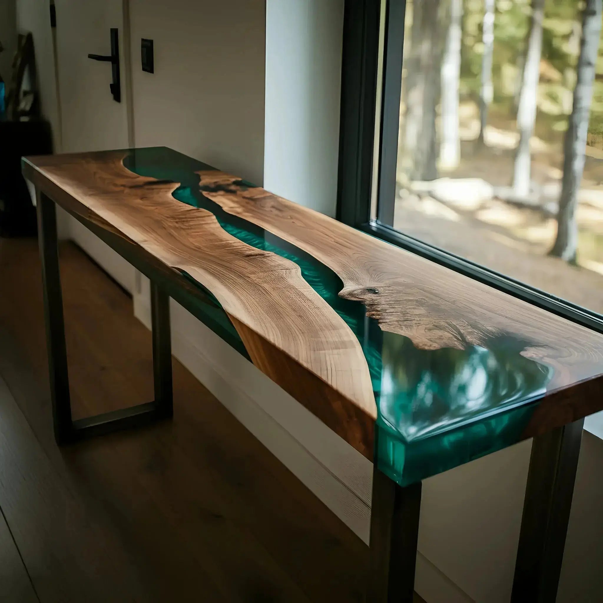 Epoxy river console table with flowing green resin and walnut slab, positioned by a window. Elegant and eco-conscious furniture piece.