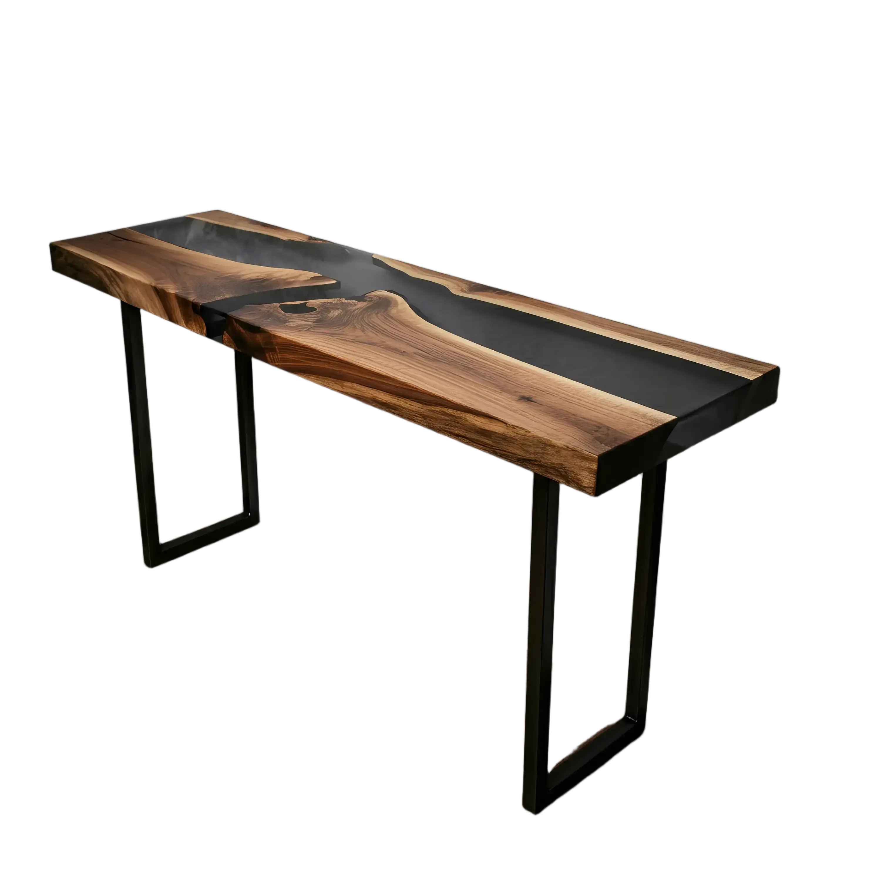 Custom epoxy river console table with black resin and walnut slab top, supported by geometric metal legs, handmade in the USA.