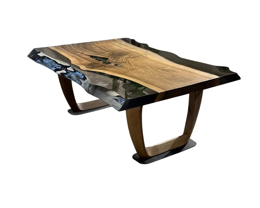 Epoxy live edge coffee table with natural walnut wood and wooden U-shaped legs