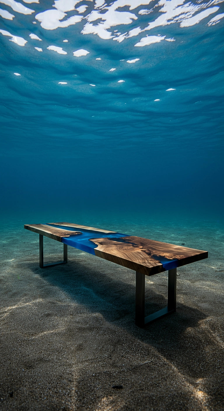 Epoxy Resin River Bench Sitting on the ocean floor underwater with walnut wood, blue epoxy resin, and black u-shaped legs resting in the sand of the ocean floor.