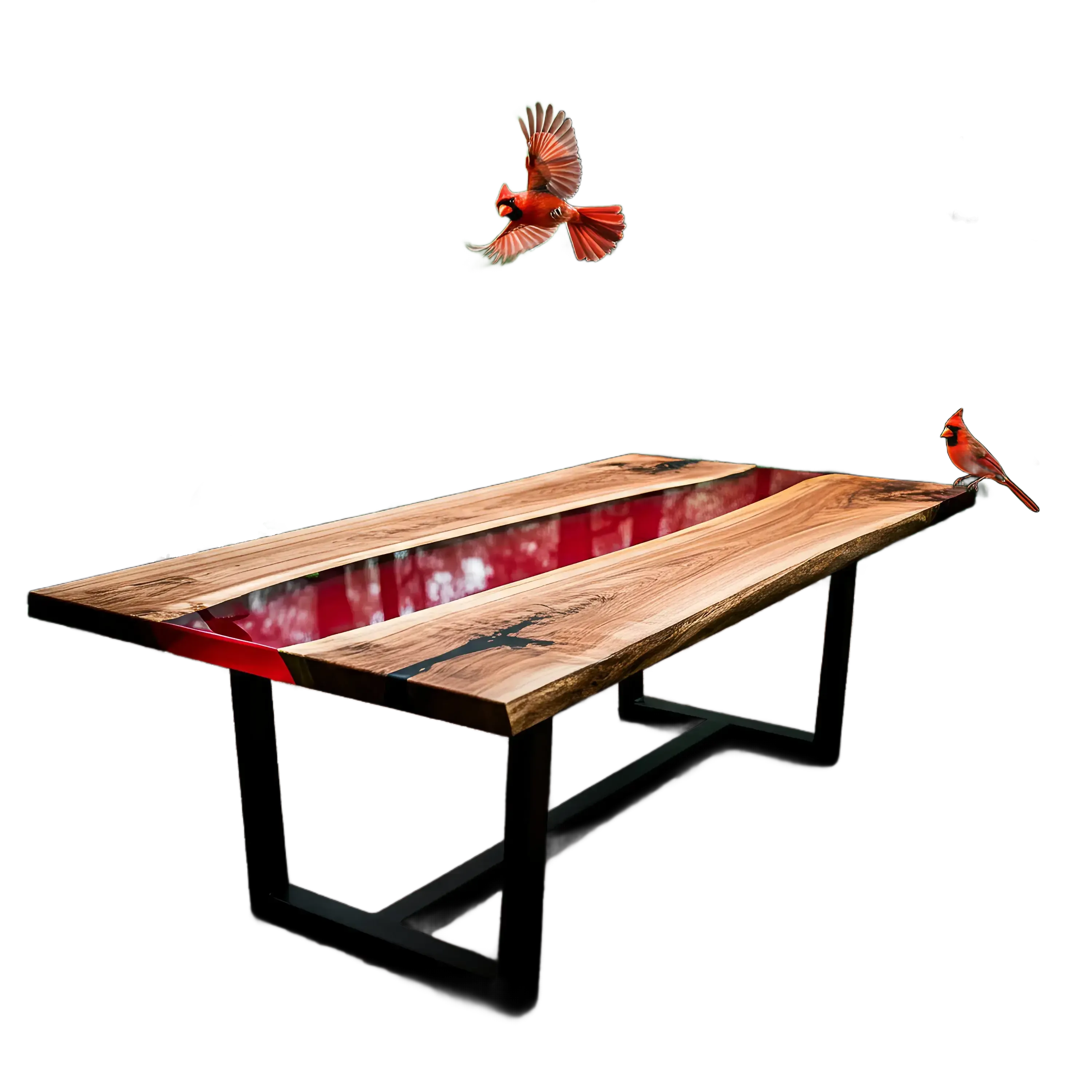 Custom epoxy river dining table with walnut wood and red resin, featuring cardinal bird accents. Handmade in the USA for nature-inspired interiors.