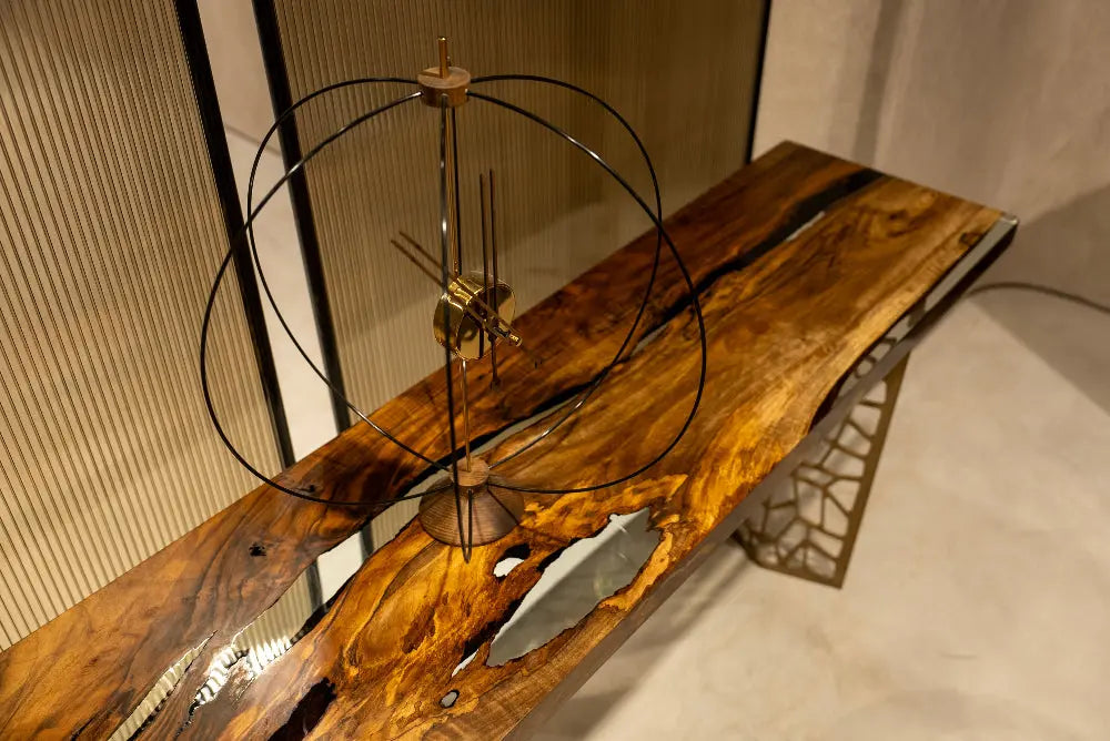Walnut wood and resin sofa and entry console table with metal legs from Voronoi collection