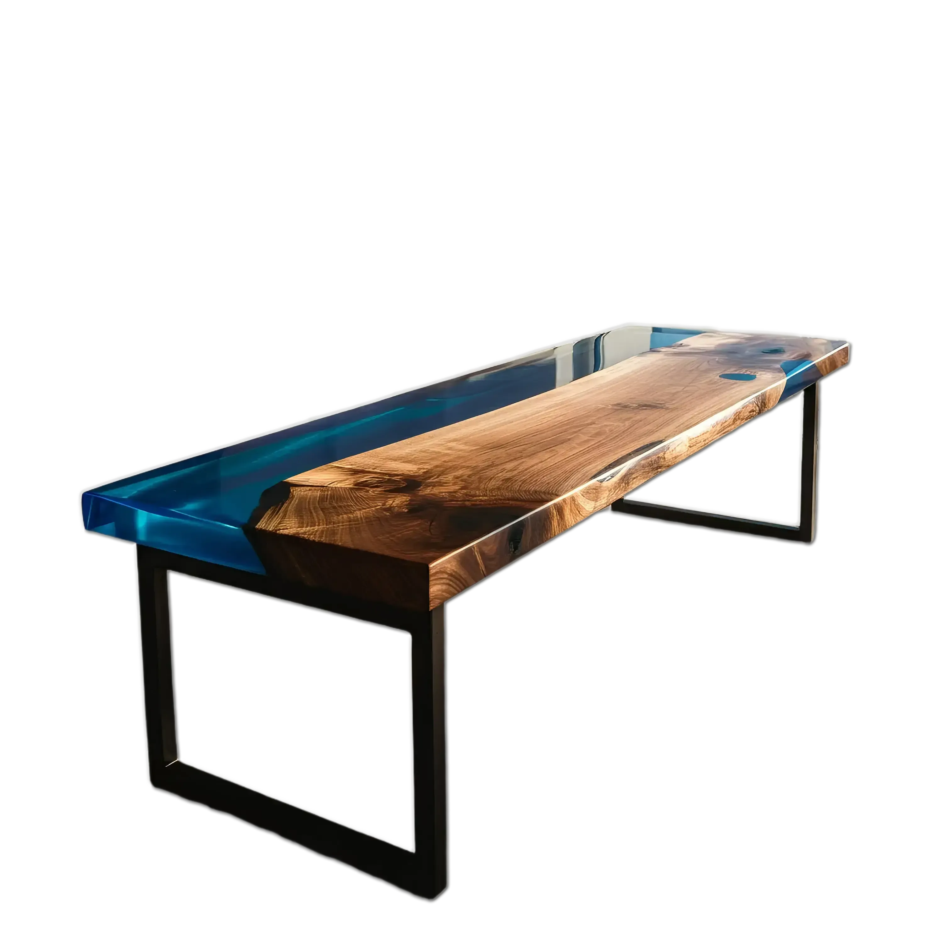 Custom epoxy bench with walnut wood and vibrant blue resin, handmade in the USA. Modern dining bench with sleek black metal legs.