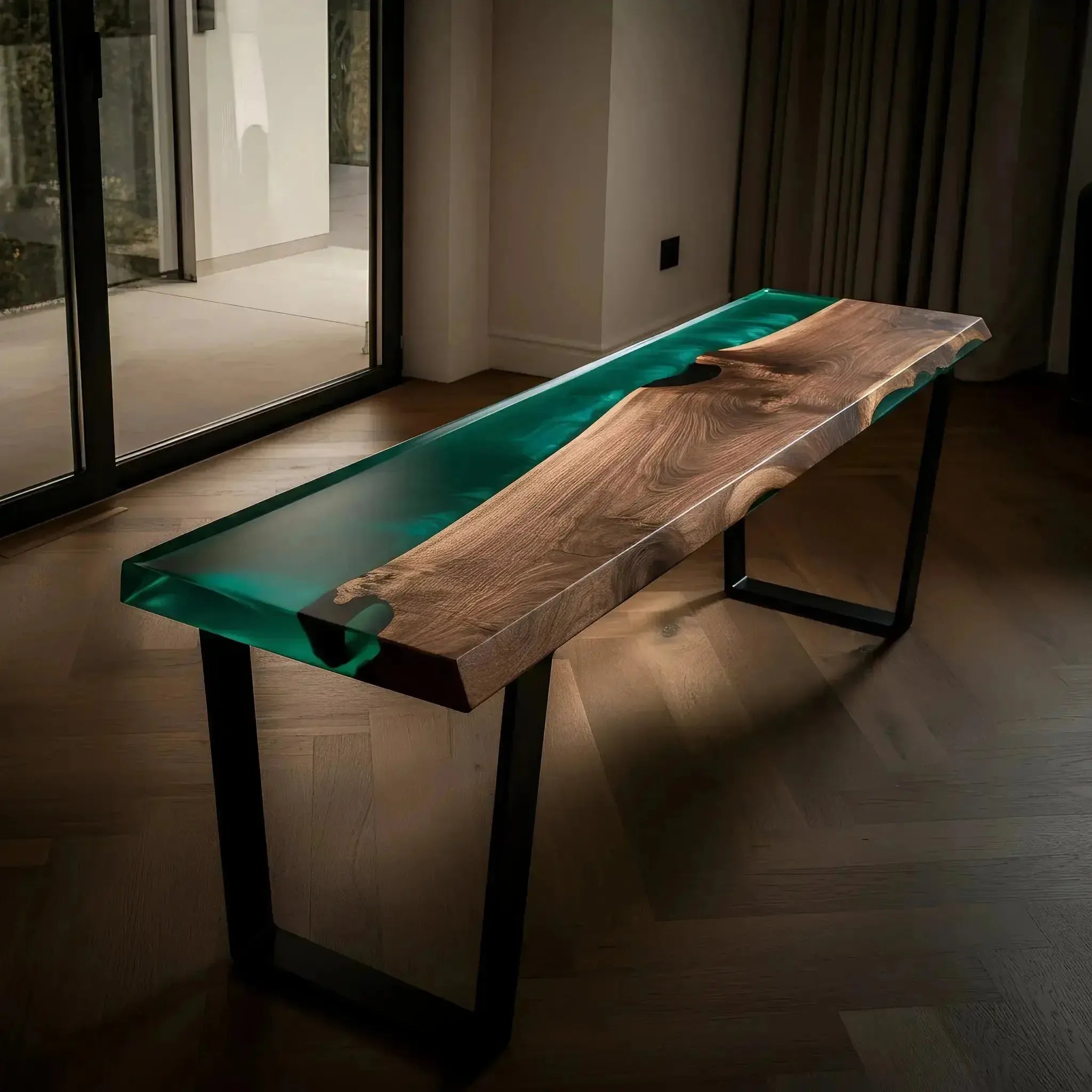 Handcrafted epoxy river bench with green resin and walnut wood, ideal for kitchen or dining room furniture collections.