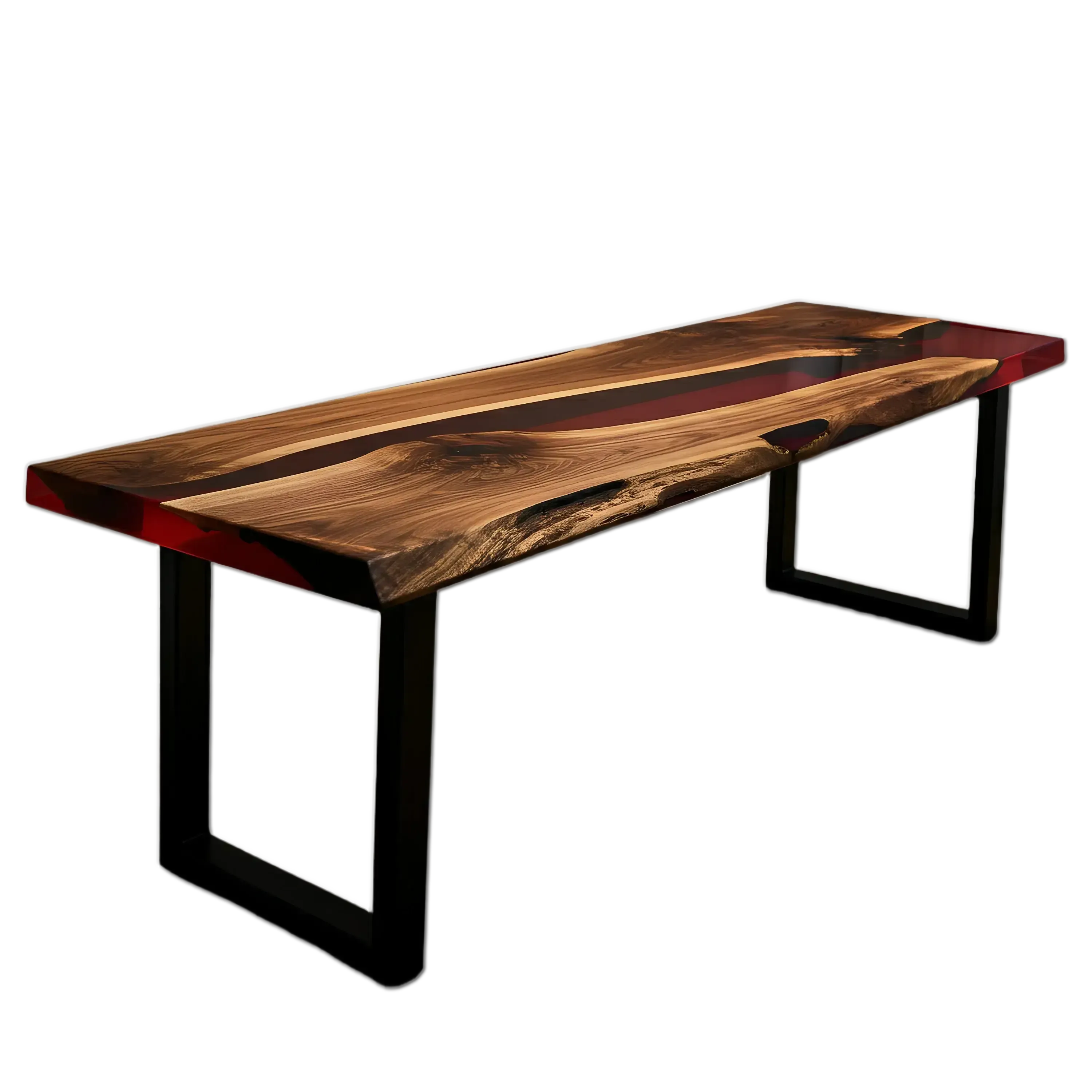 Custom epoxy bench featuring walnut wood and red resin with black metal legs. Handmade in the USA, ideal for dining or kitchen seating.