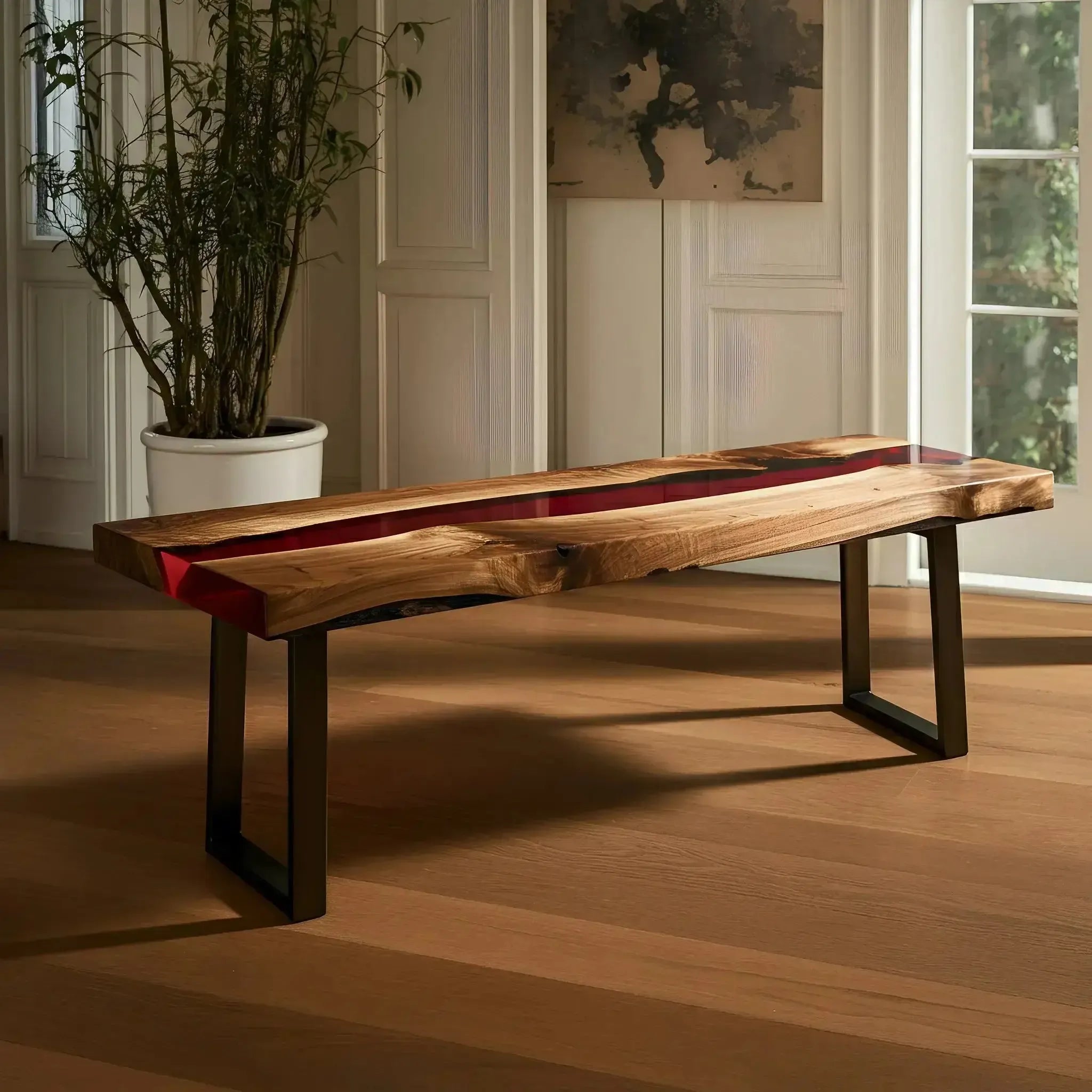 Elegant walnut and red resin epoxy bench with black metal legs in a classic interior. Custom USA-made furniture for dining or kitchen use.