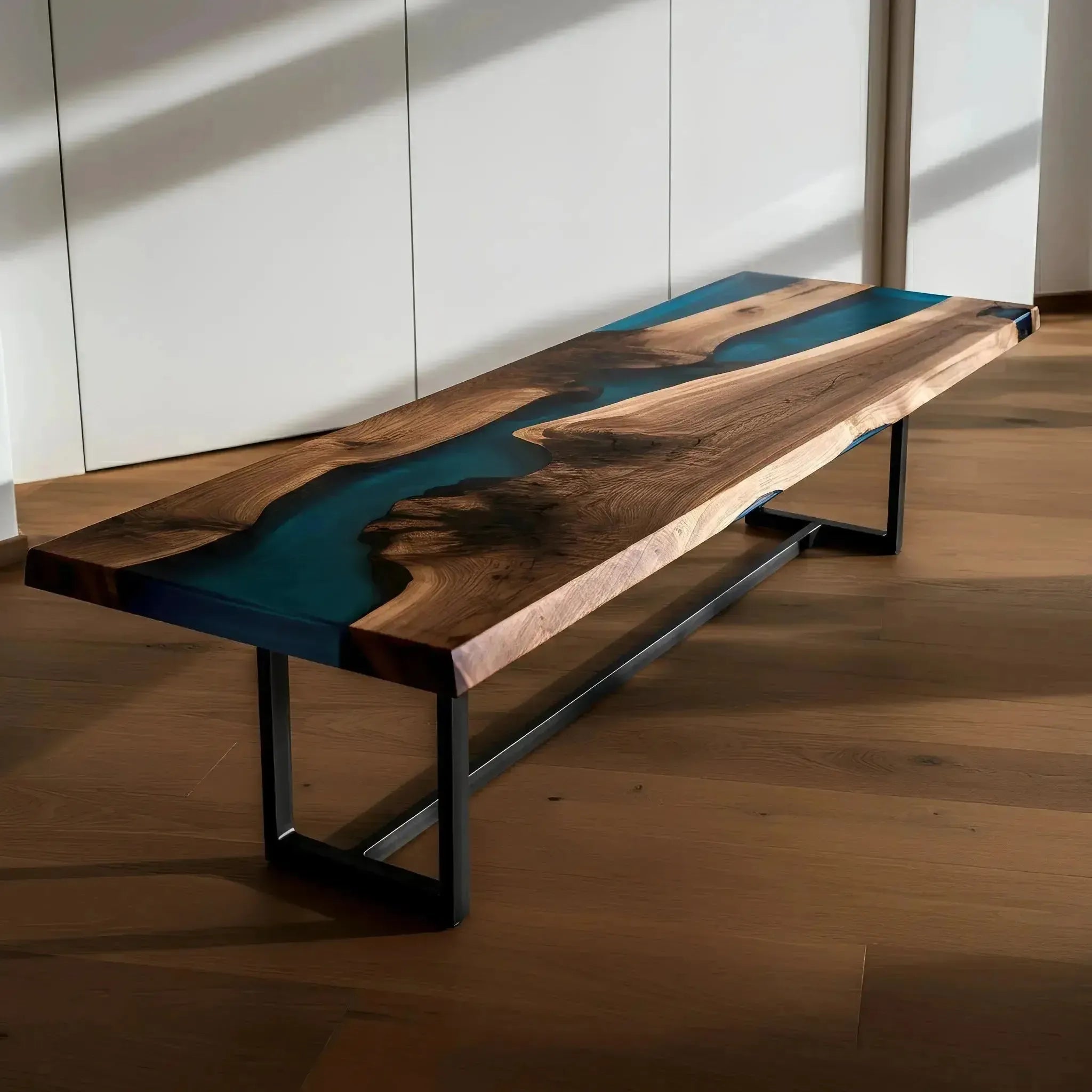 Blue Odyssey Bench with flowing blue resin and walnut slab top. Custom epoxy dining bench crafted in the USA for modern interiors.