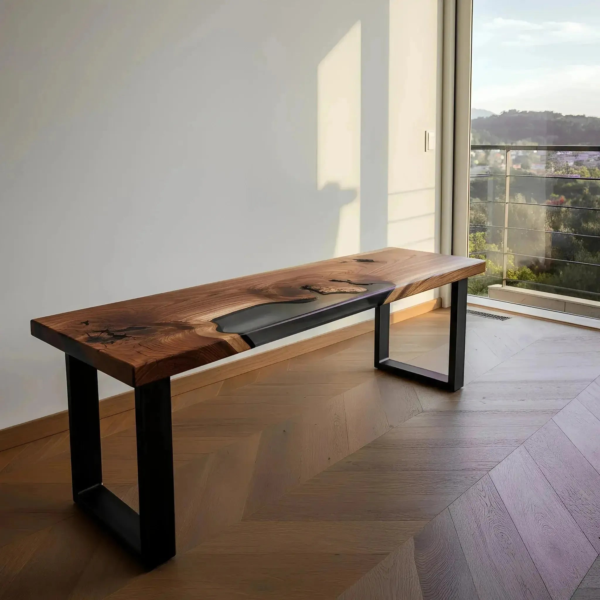Handcrafted walnut and black resin epoxy bench placed in a modern dining area. Custom USA-made bench ideal for kitchen or dining room seating.