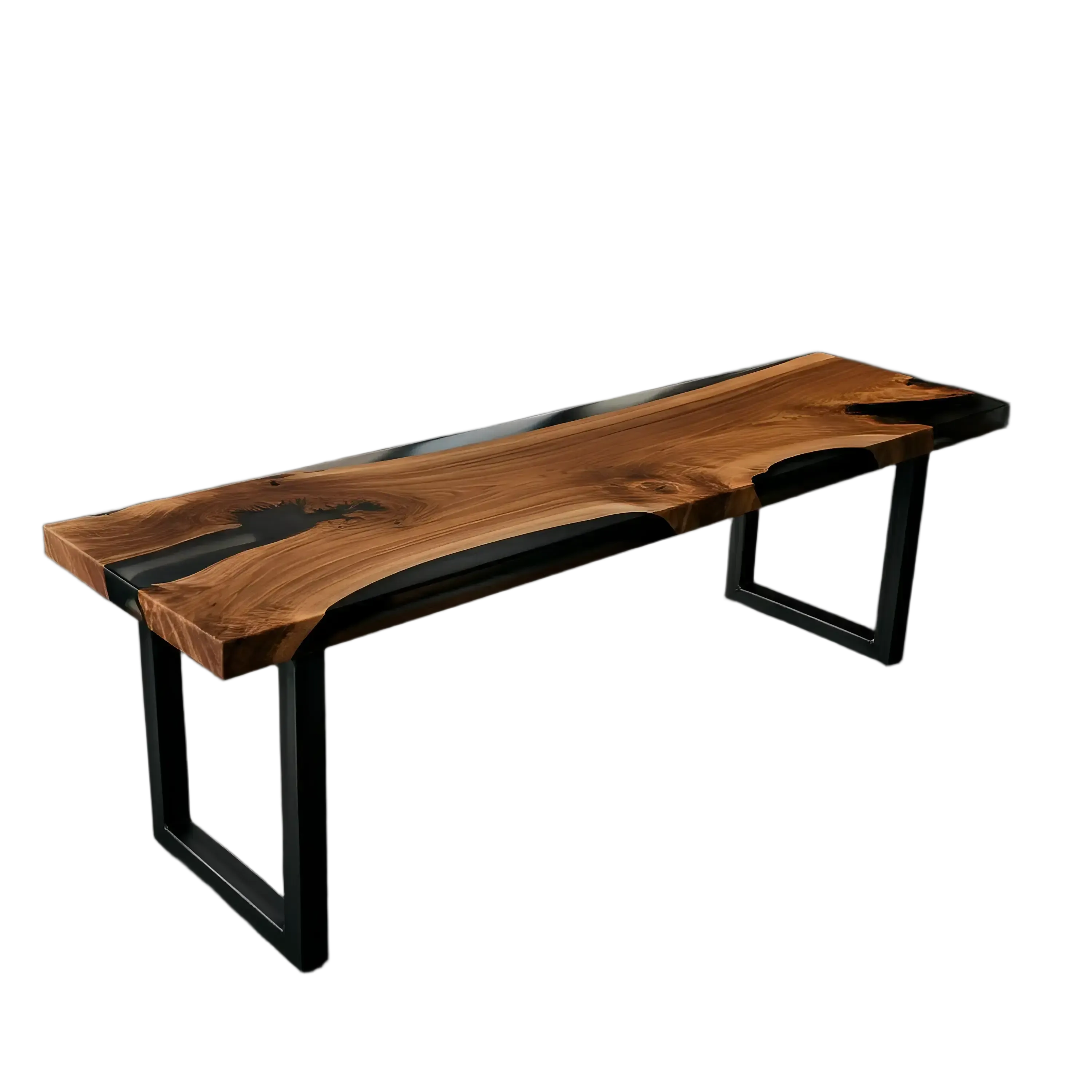 Custom epoxy bench with walnut wood and black resin, handmade in the USA. Modern dining bench with metal legs for kitchen or dining spaces.