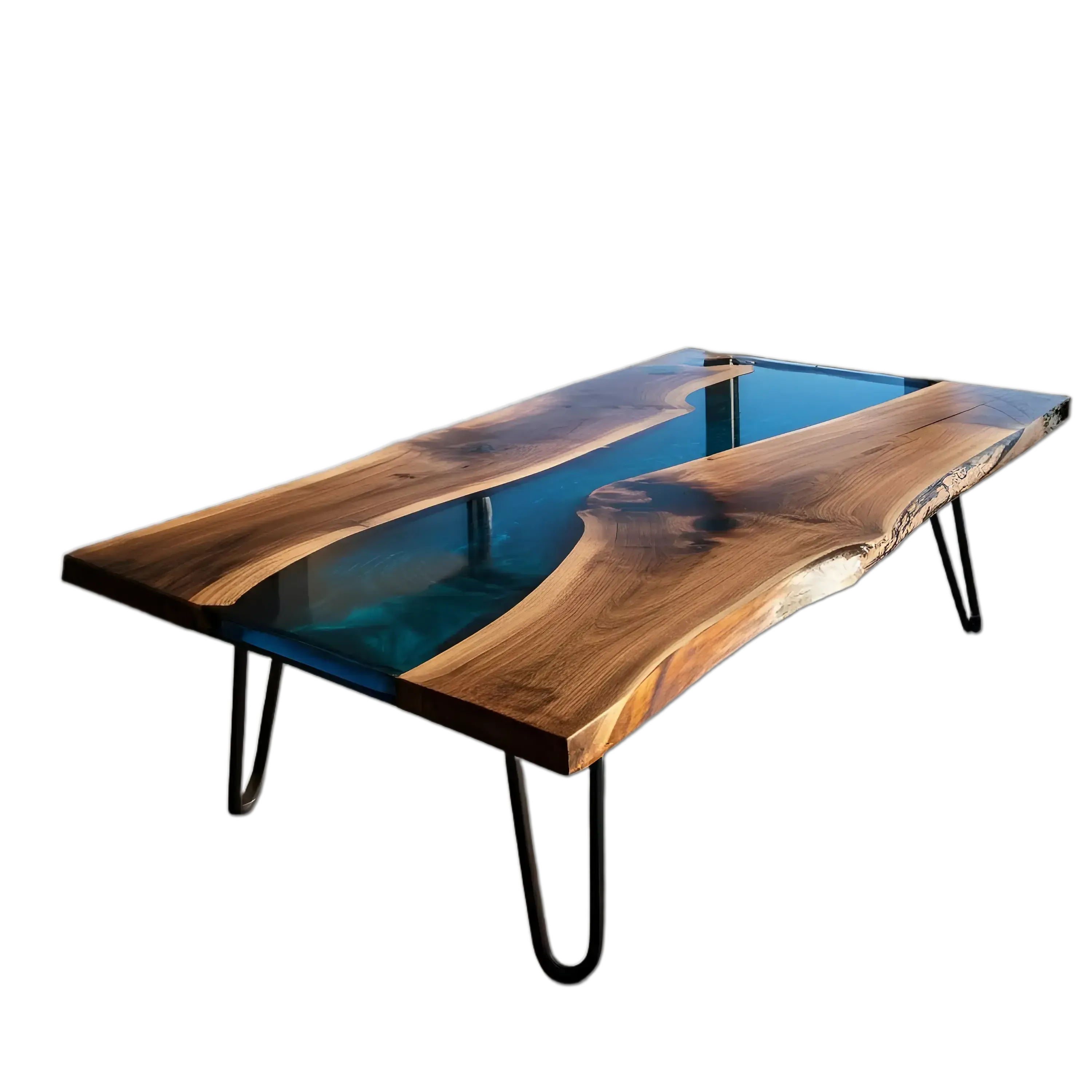Custom epoxy coffee table with live edge walnut and deep blue resin river design, handmade in the USA. Modern hairpin legs add industrial flair.