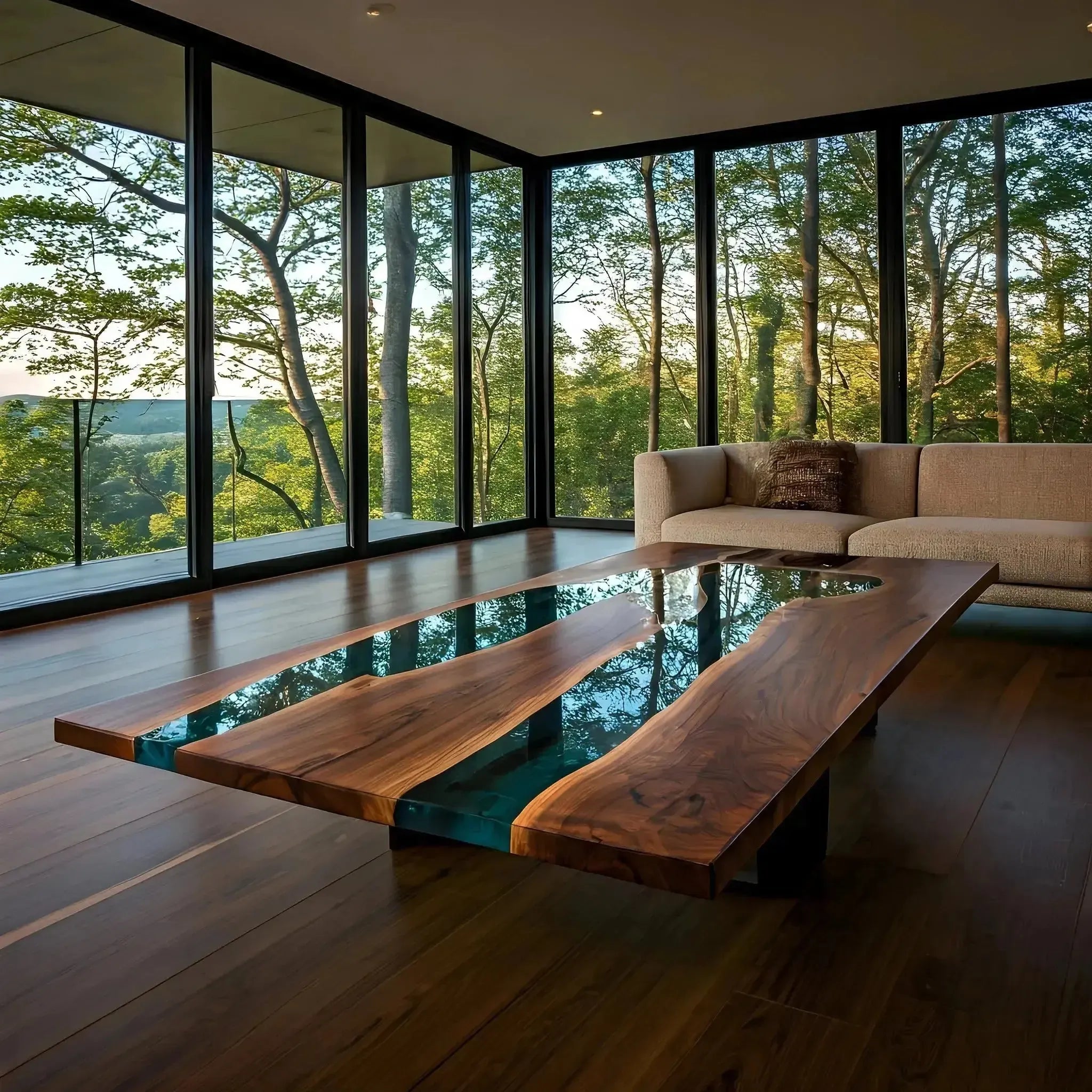 Handmade walnut and deep blue resin epoxy coffee table in a glass-walled living room. Custom USA-made furniture supporting marine conservation.