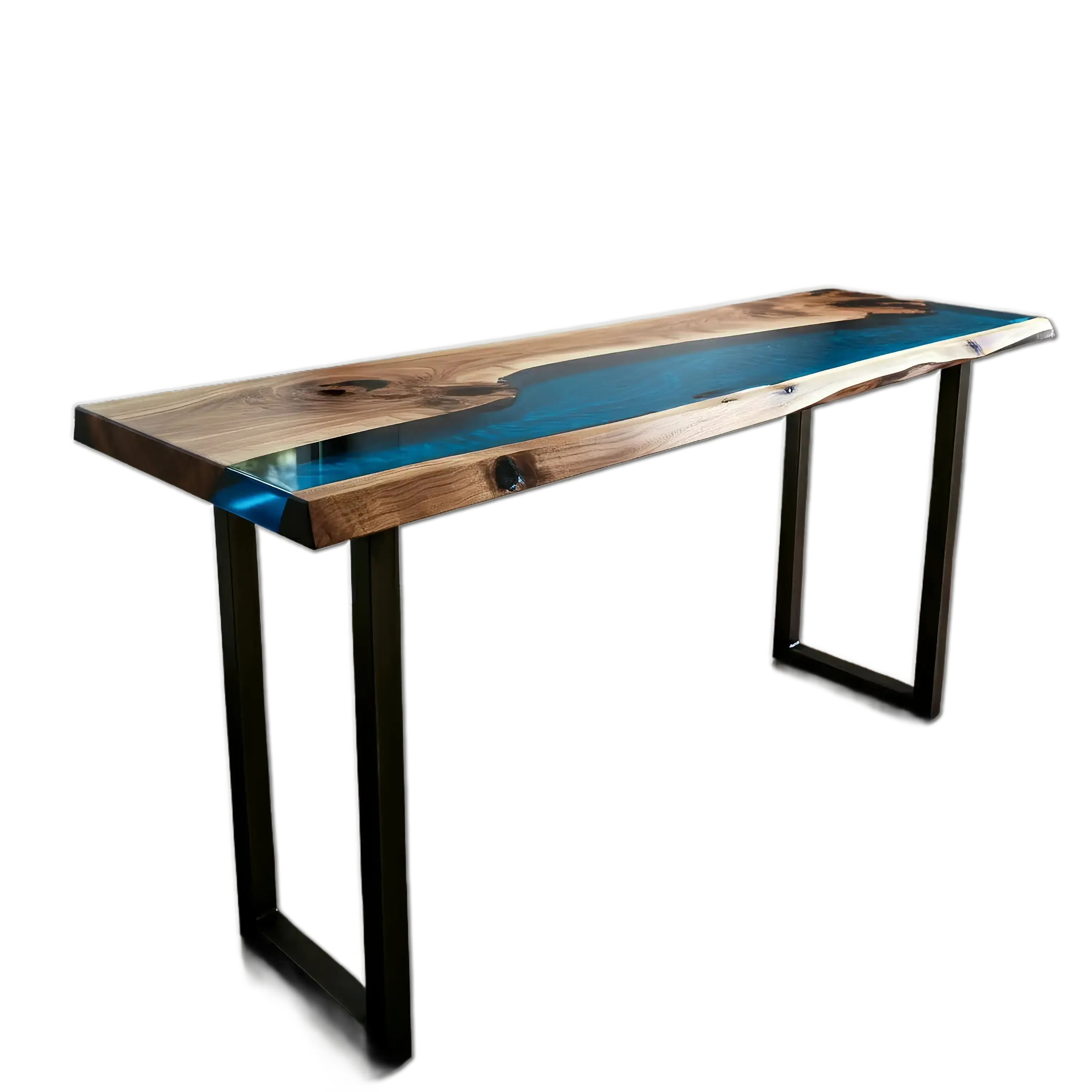 Epoxy river console table with walnut wood and vibrant blue resin, featuring modern black metal legs. Handmade in the USA for coastal-style interiors.