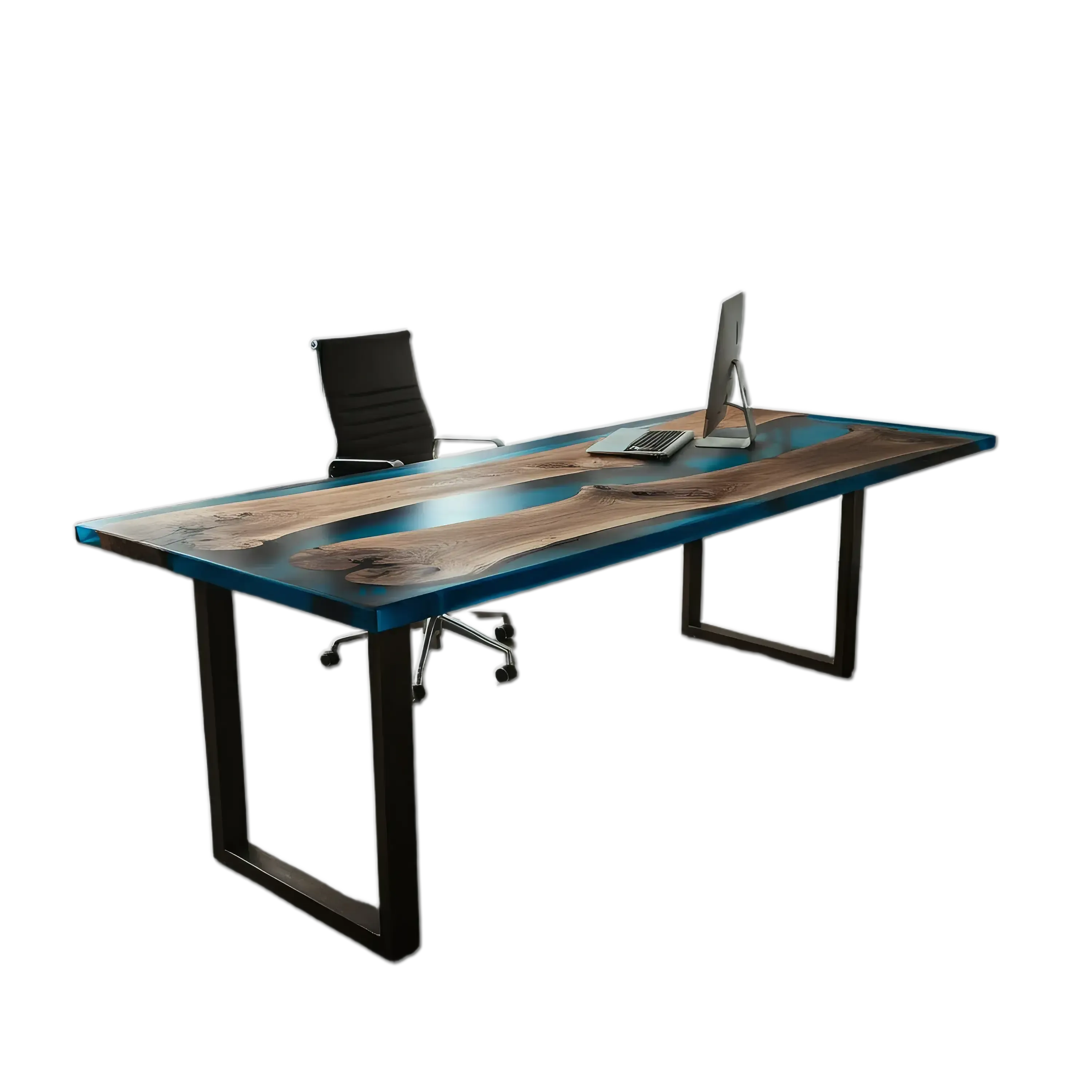 Epoxy river office desk with walnut wood and blue resin, custom handmade in the USA. Modern executive desk with metal legs and sleek finish.
