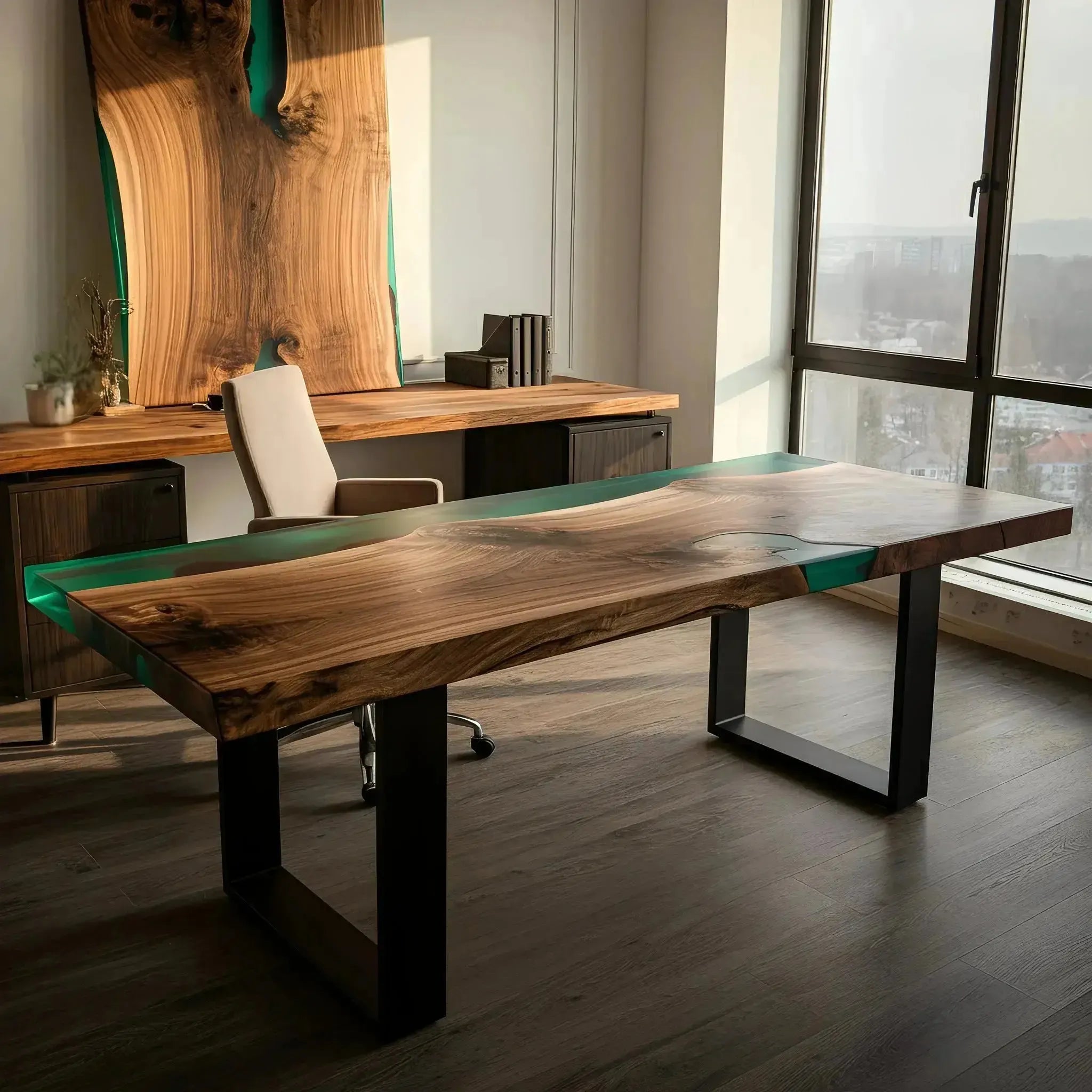 Epoxy river office desk featuring walnut wood and green resin in a bright office. Paired with matching wood decor and panoramic city view.