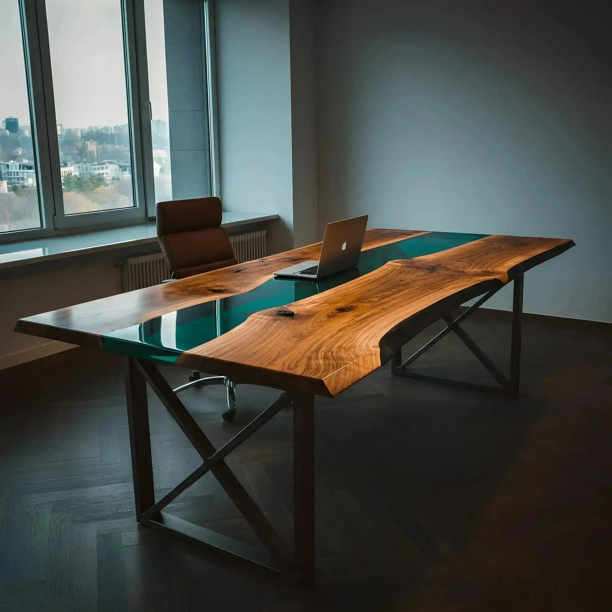 Modern epoxy river office desk with walnut and green resin top in a minimalist office. Custom handmade in the USA with cross-leg metal base.