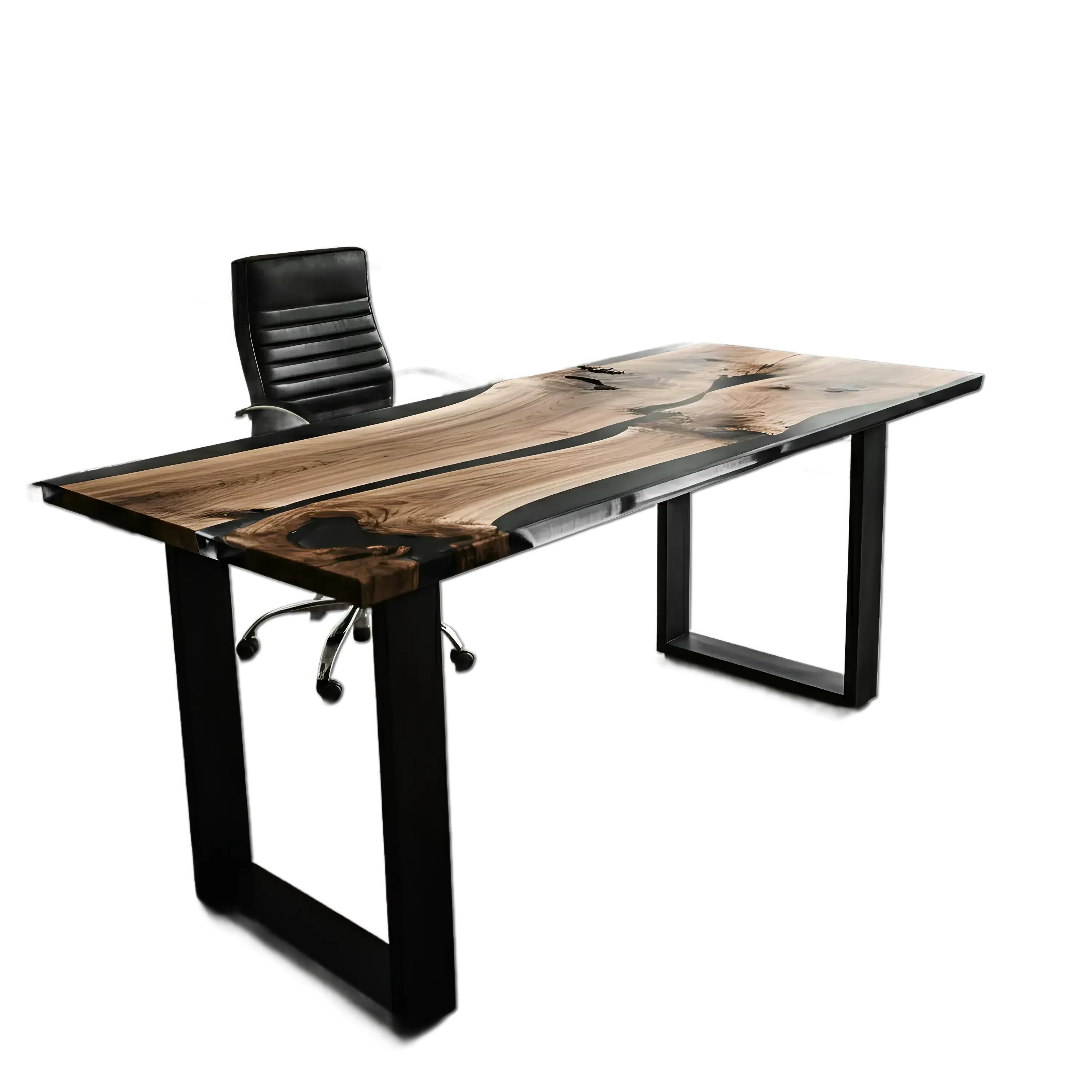 Epoxy river office desk with walnut wood and black resin, custom handmade in the USA. Sleek modern design ideal for executive workspaces.