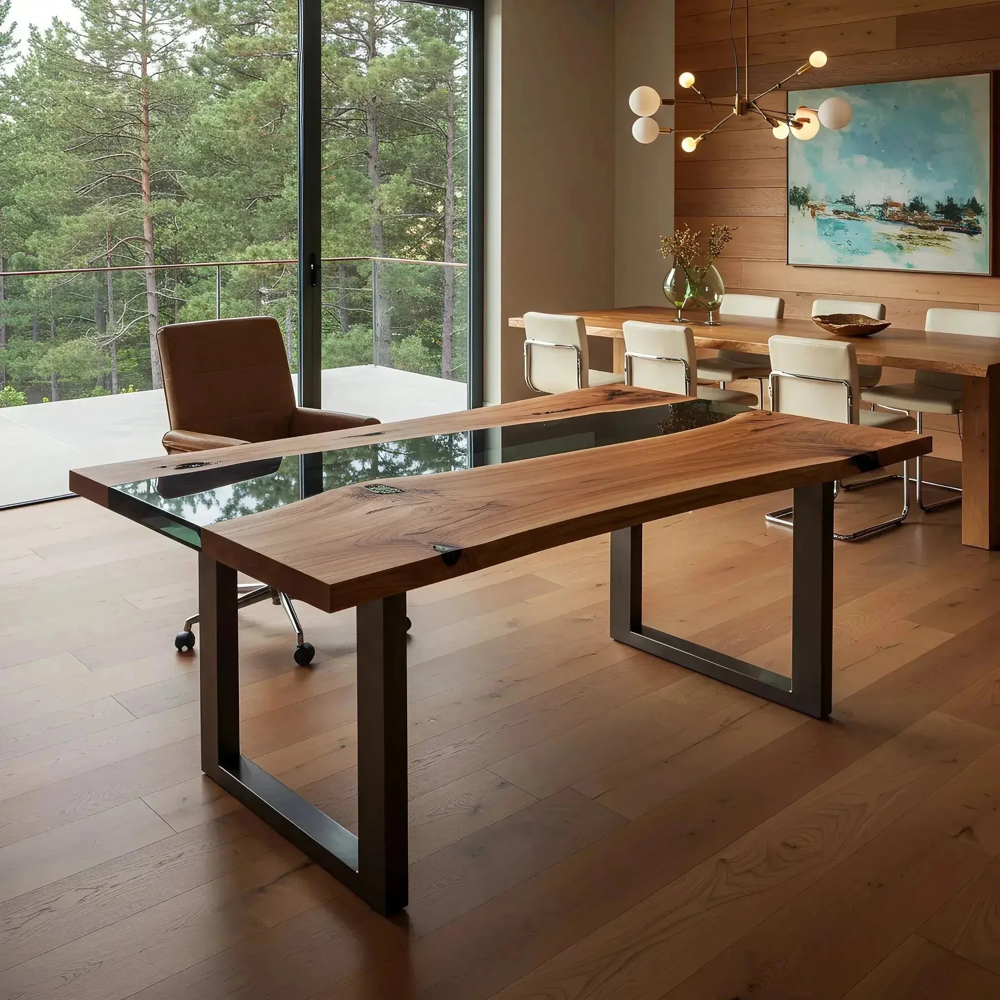 Modern epoxy river office desk with walnut and black resin in open-concept room. Custom handmade in the USA for luxury work environments.