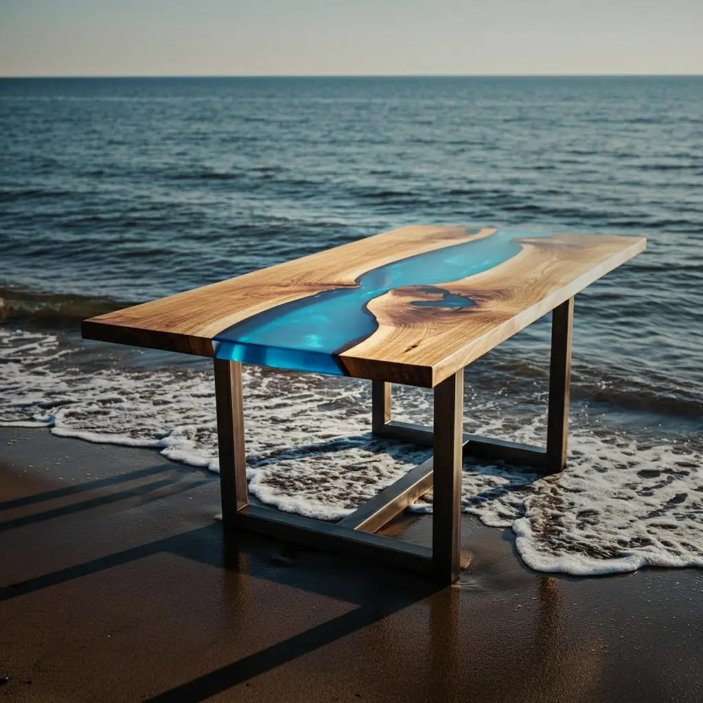 custom epoxy dining table with walnut wood, blue epoxy resin, and metal legs sitting on the sand of the beach while the waves ae crashing in onto the table base.