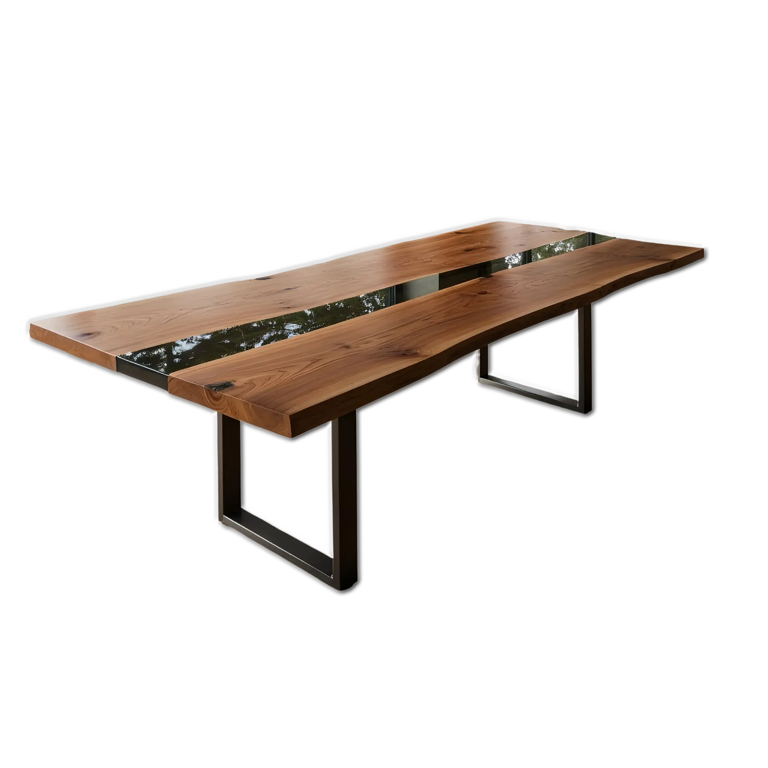 Custom epoxy black dining table with walnut wood and black resin center, handmade in the USA. Modern rectangular design with metal legs.
