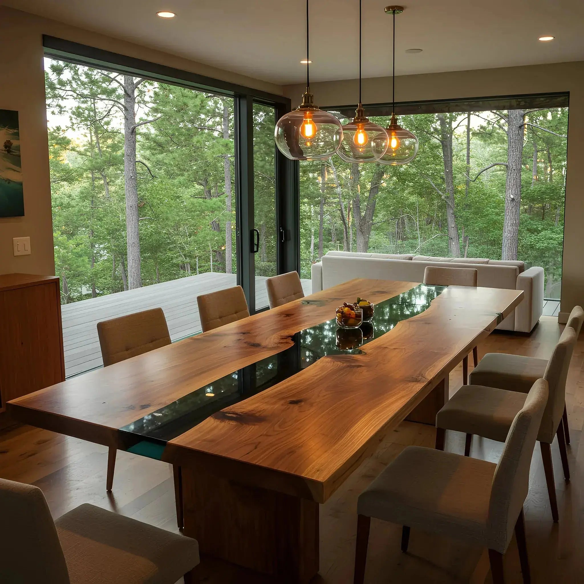 Custom epoxy black dining table with walnut and obsidian resin centerpiece, surrounded by beige chairs in a forest-view dining room.
