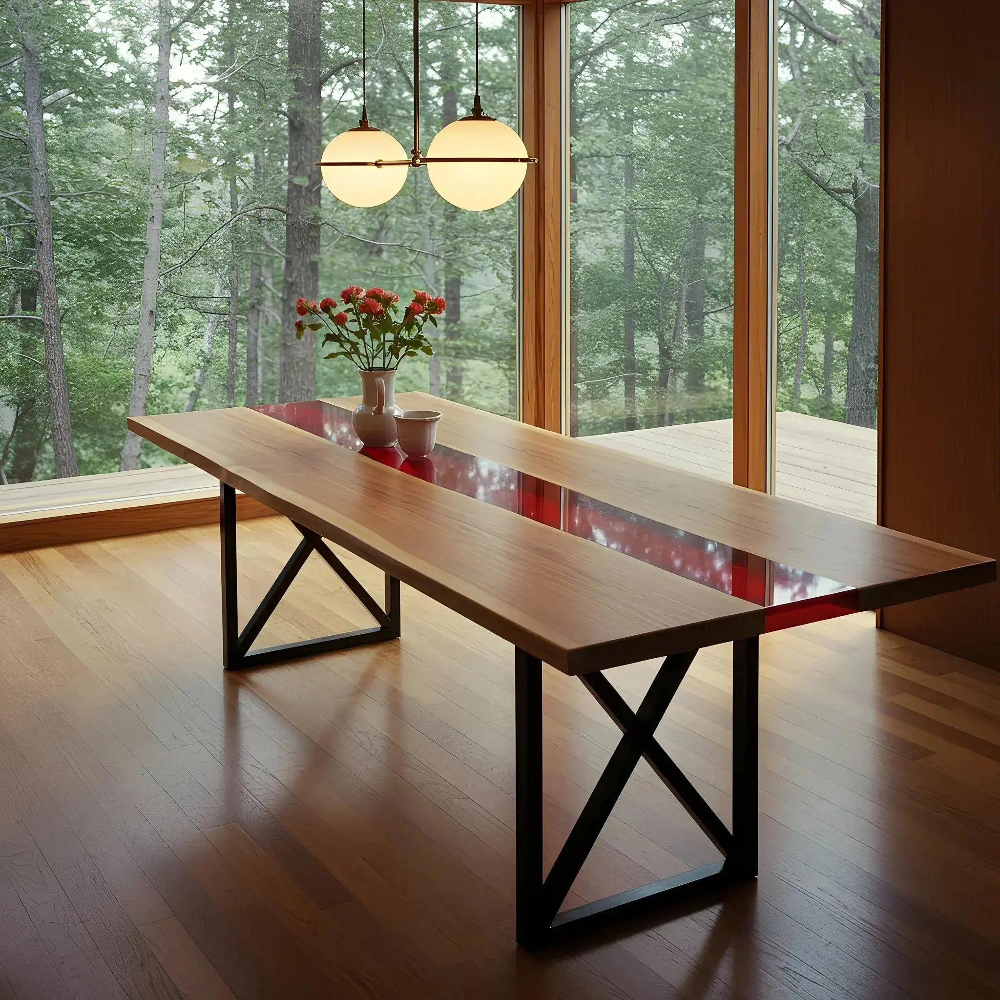 Handmade walnut and red resin epoxy river dining table in a modern wood-paneled room. Custom USA-crafted furniture for elegant dining spaces.