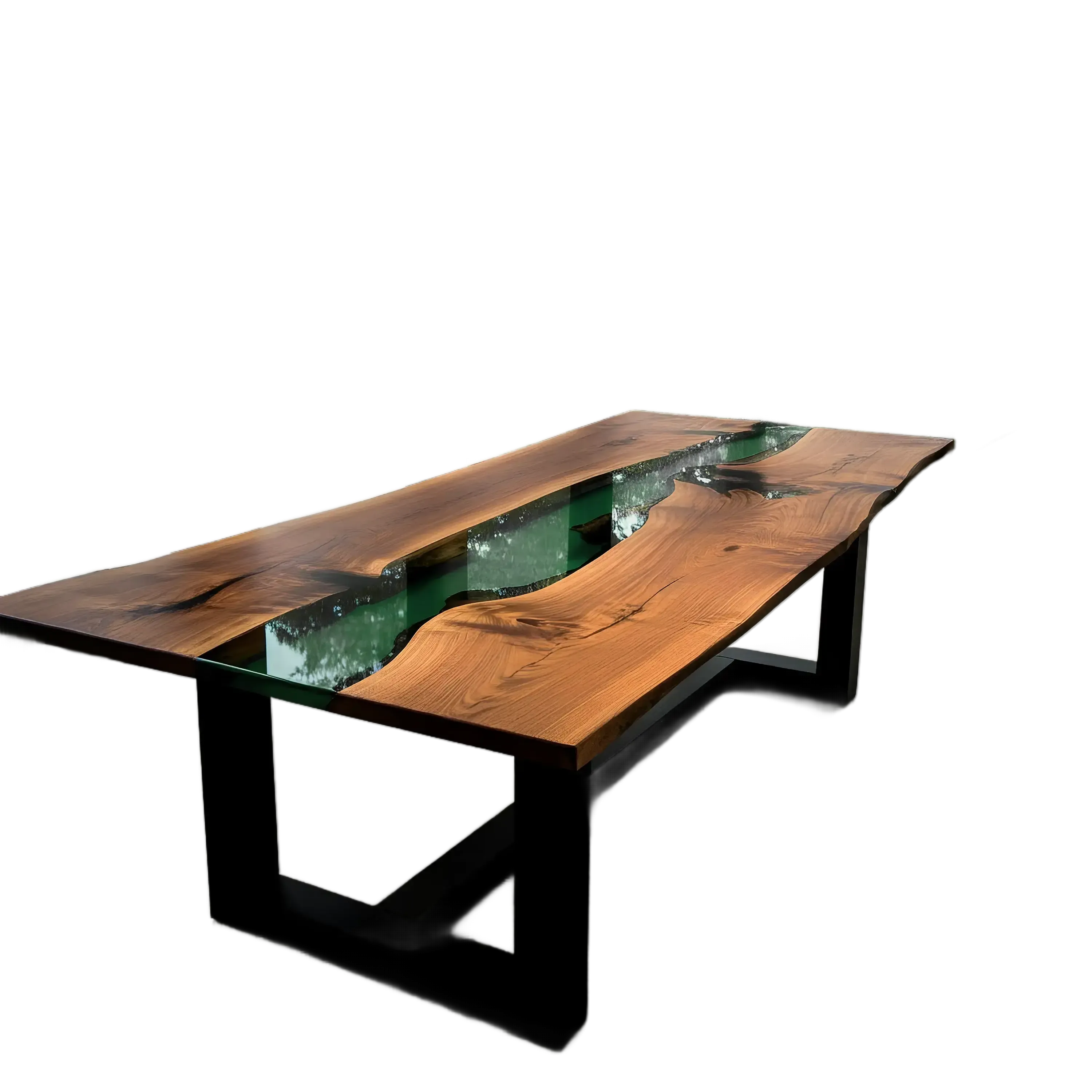 Custom epoxy river dining table with walnut wood and green resin, handmade in the USA. Modern black metal legs enhance its natural elegance.