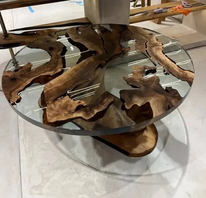 Round epoxy resin dining table with walnut wooden vortex base