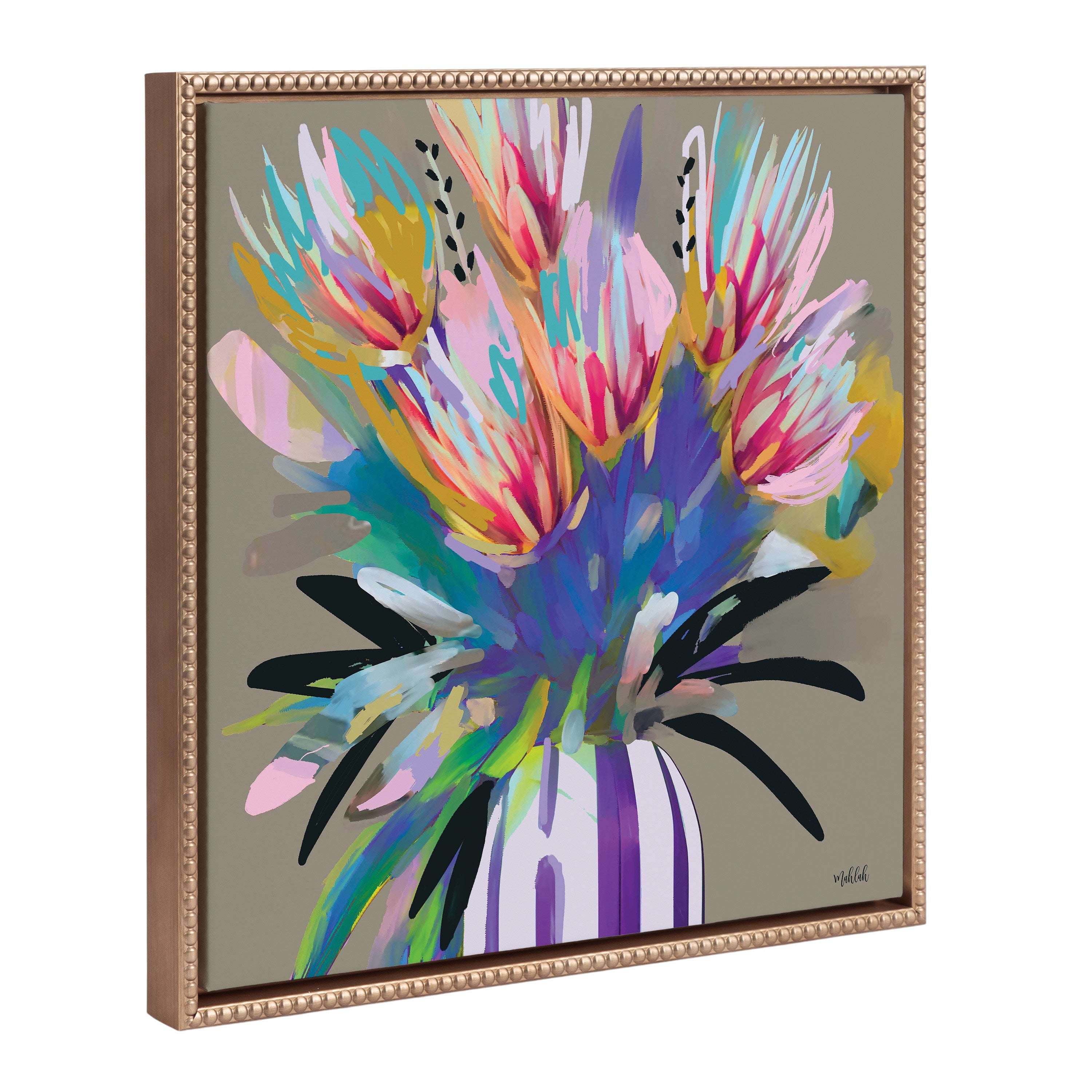 Sylvie Beaded Bright Flowers framed canvas art with gold vintage beaded frame showing colorful floral design