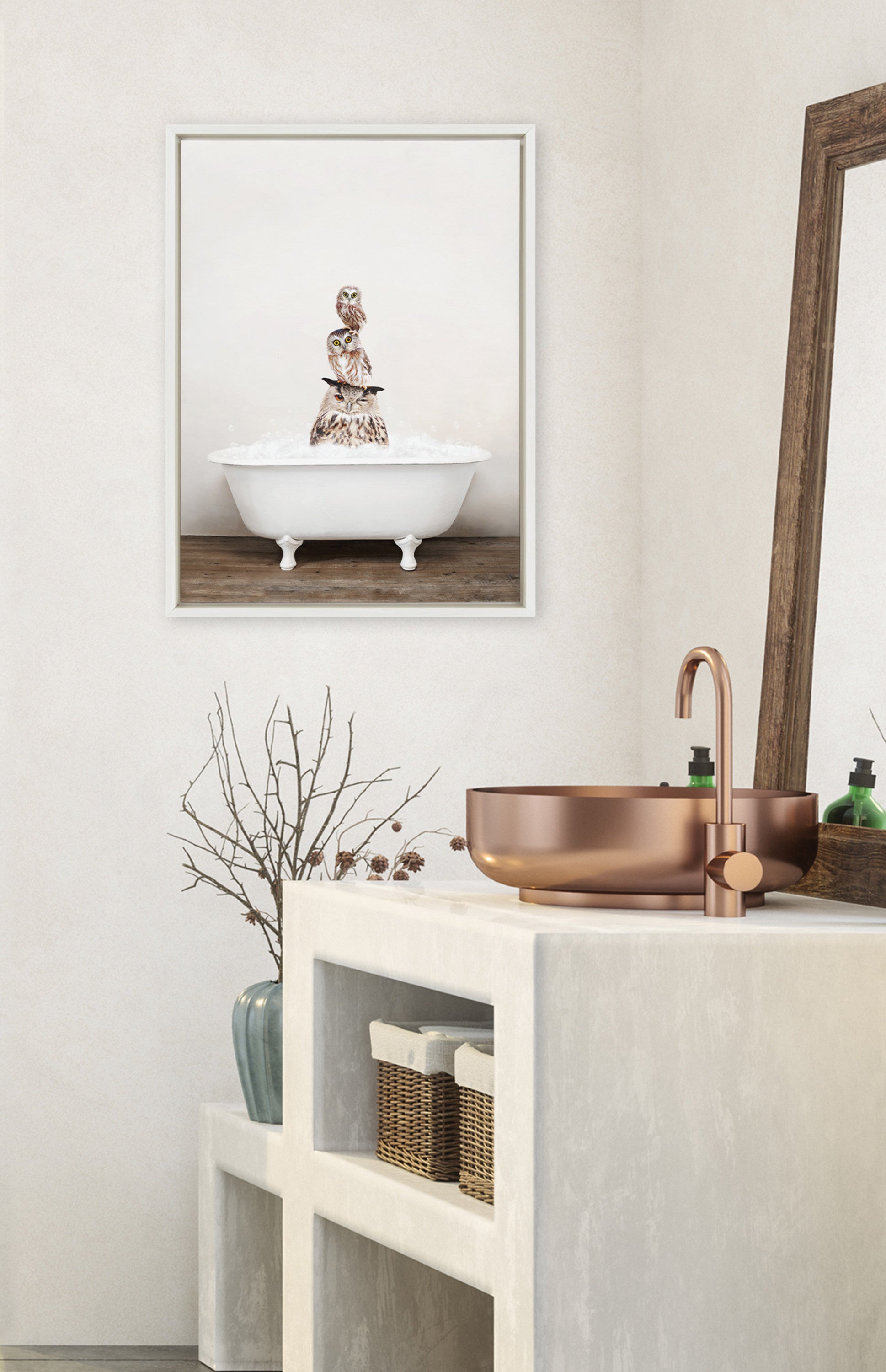 Sylvie Stacked Owls in Rustic Bath Framed Canvas by kateandlaurel - product image 4 for Resin Society