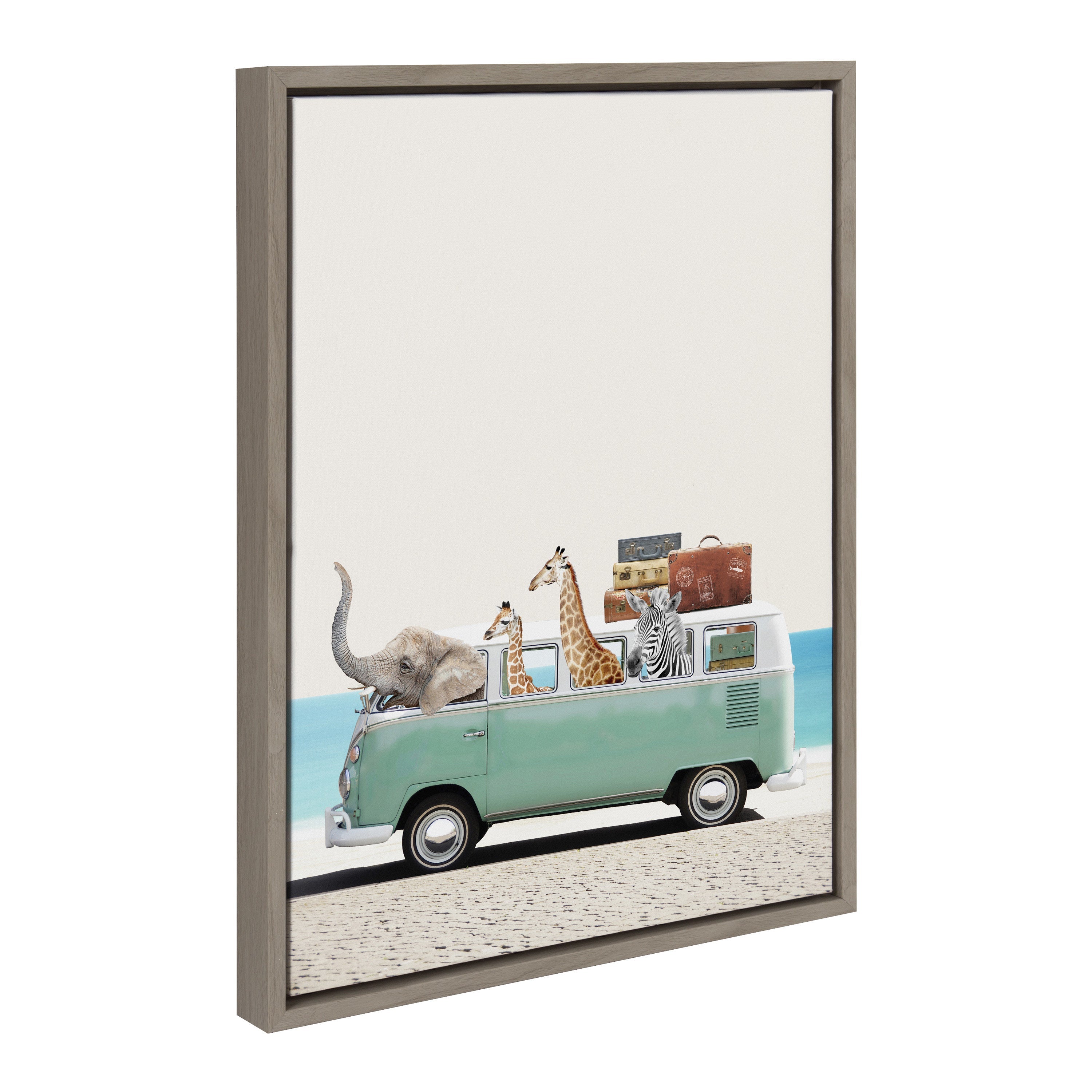 Sylvie Summer Animal Adventures framed canvas art showing vibrant zoo animals at the beach with floating polystyrene frame