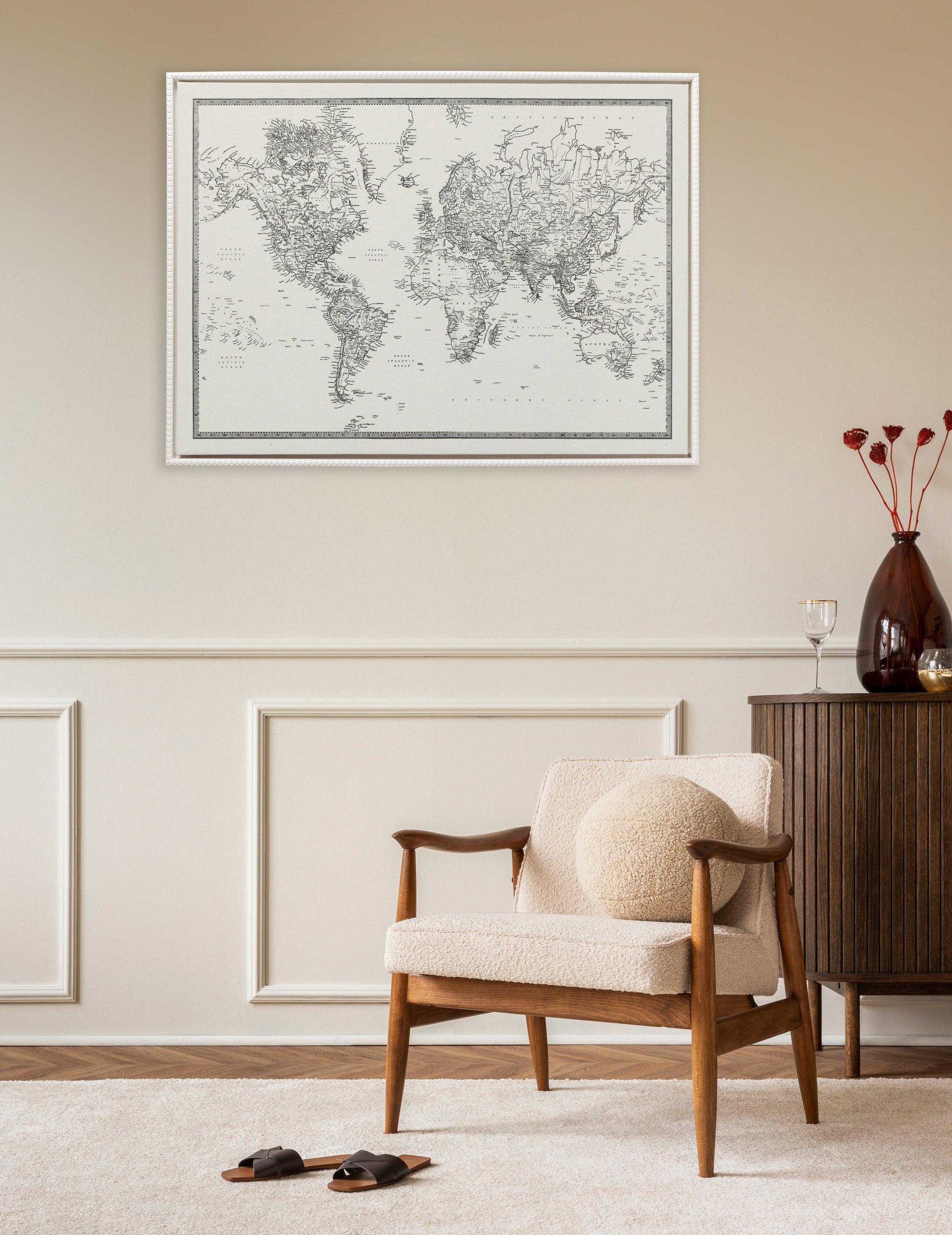 Sylvie Beaded Vintage Black and White World Map Framed Canvas by The Creative Bunch Studio