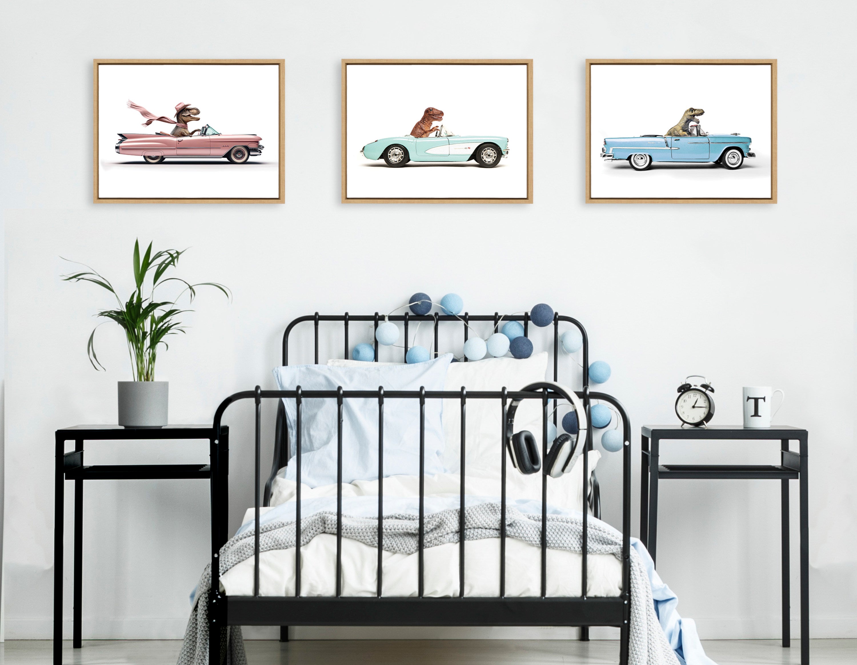 Sylvie T Rex Driving 1957 Aqua Chevy Framed Canvas by Saint and Sailor Studios