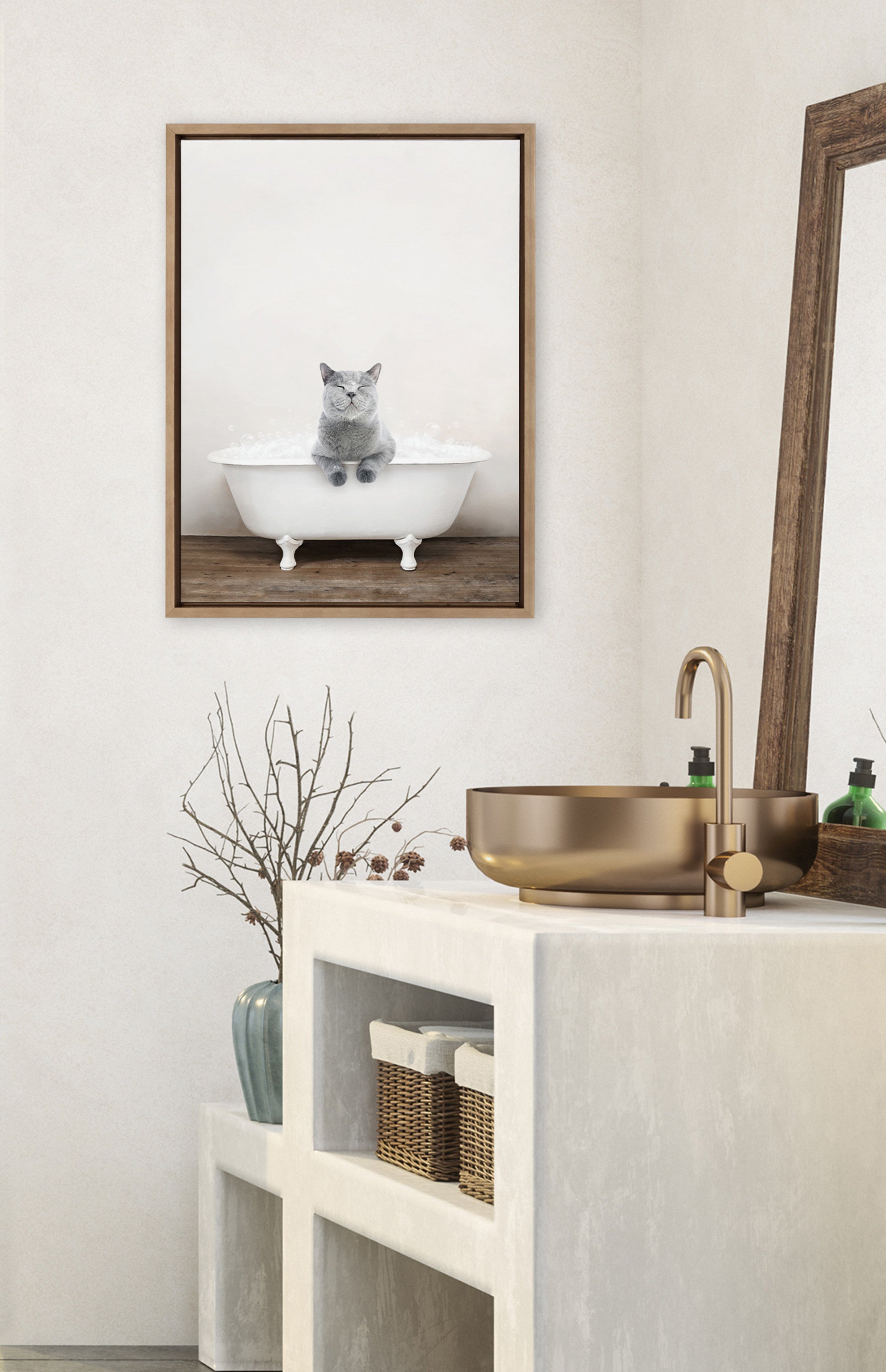 Sylvie Cat in Rustic Bath Framed Canvas