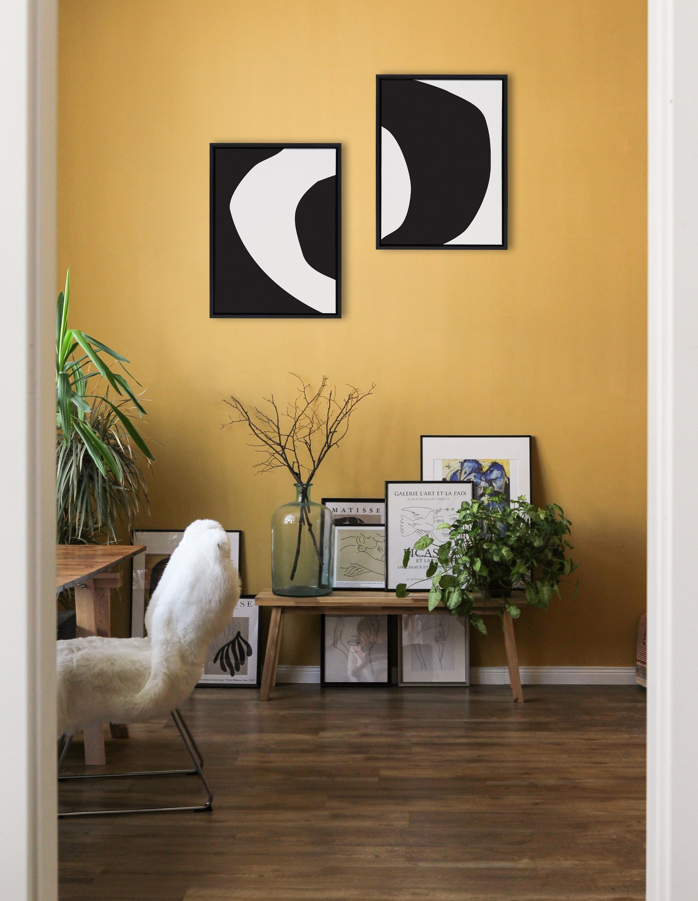Sylvie Minimal Modern Organic Abstraction 1 and 2 Black and White Framed Canvas Art Set