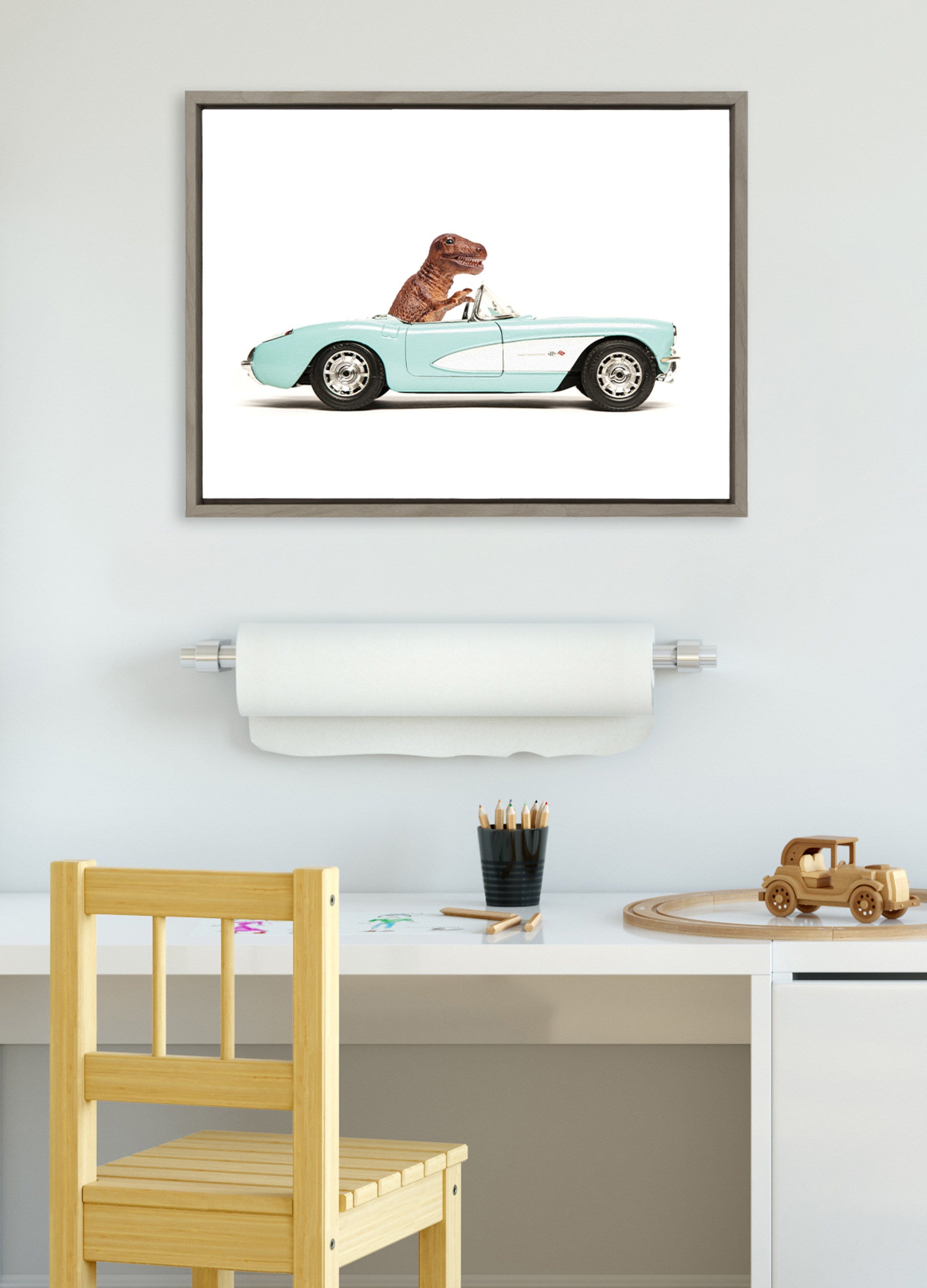 Sylvie Dino Driving 1958 Blue Corvette Framed Canvas by Saint and Sailor Studios