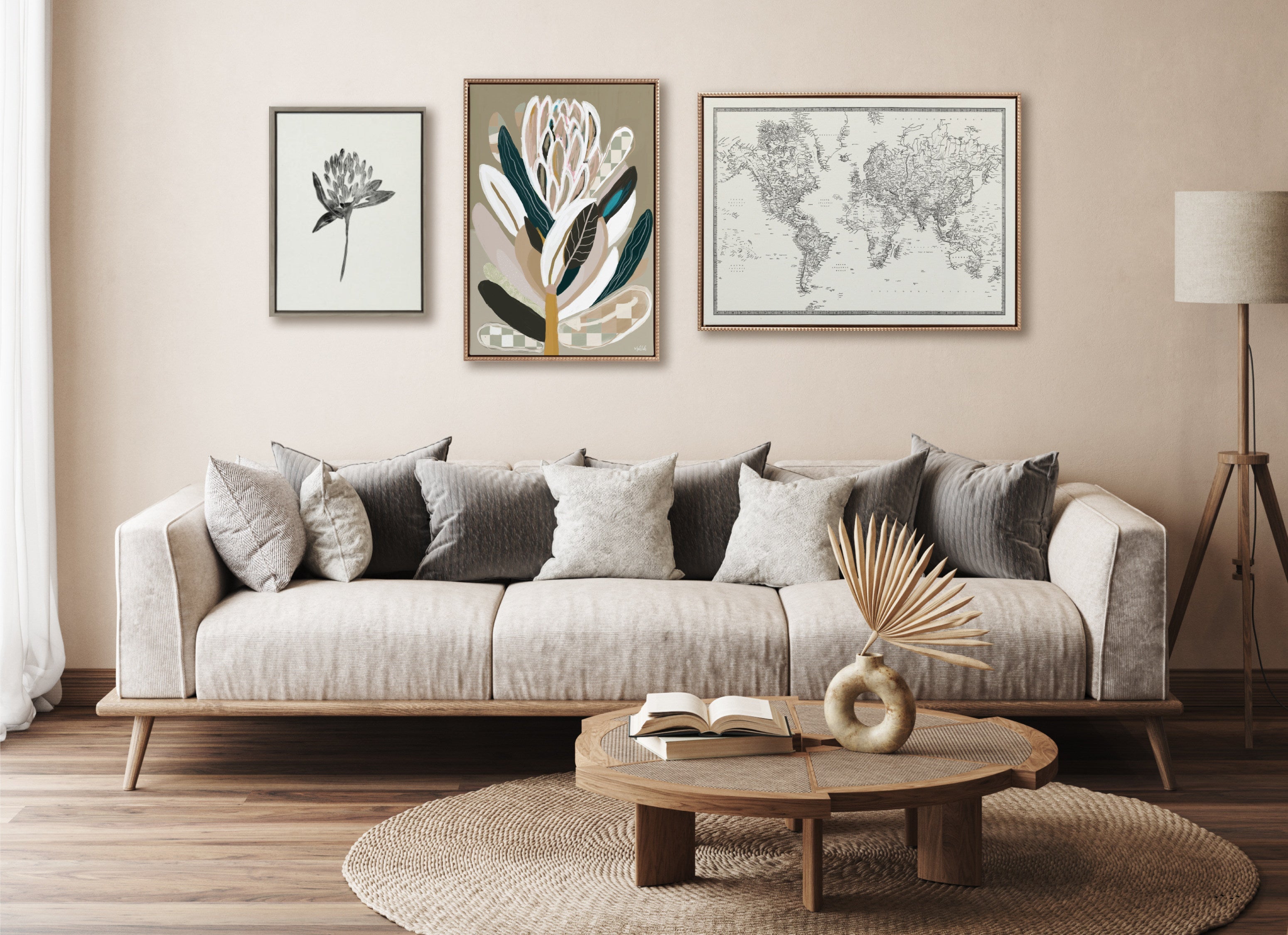 Sylvie Beaded Vintage Black and White World Map Framed Canvas by The Creative Bunch Studio