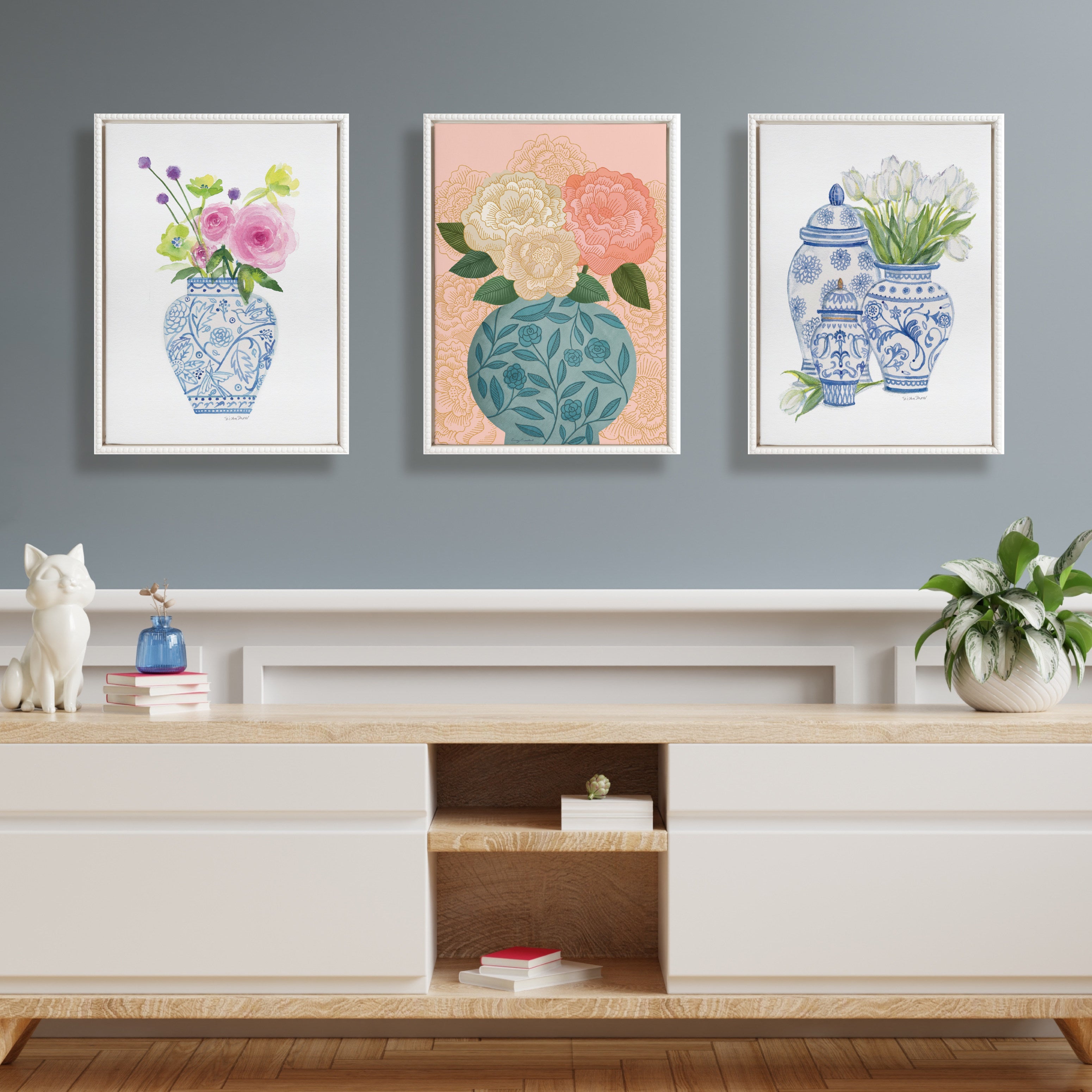 Sylvie Beaded Chinoiserie Jars with White Tulips Framed Canvas by Patricia Shaw