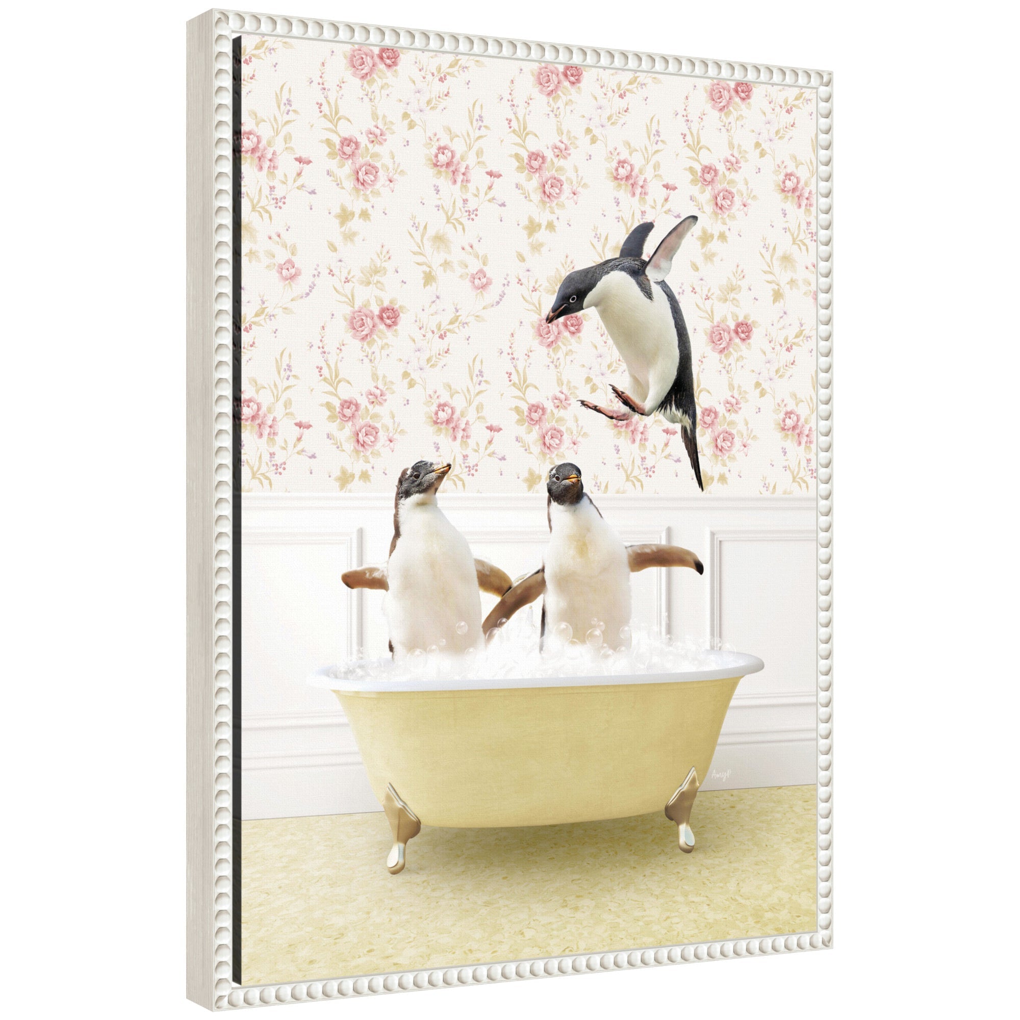 Sylvie Penguins in Vintage Yellow Bath framed canvas art by Amy Peterson showing penguins on a yellow background with modern floating frame