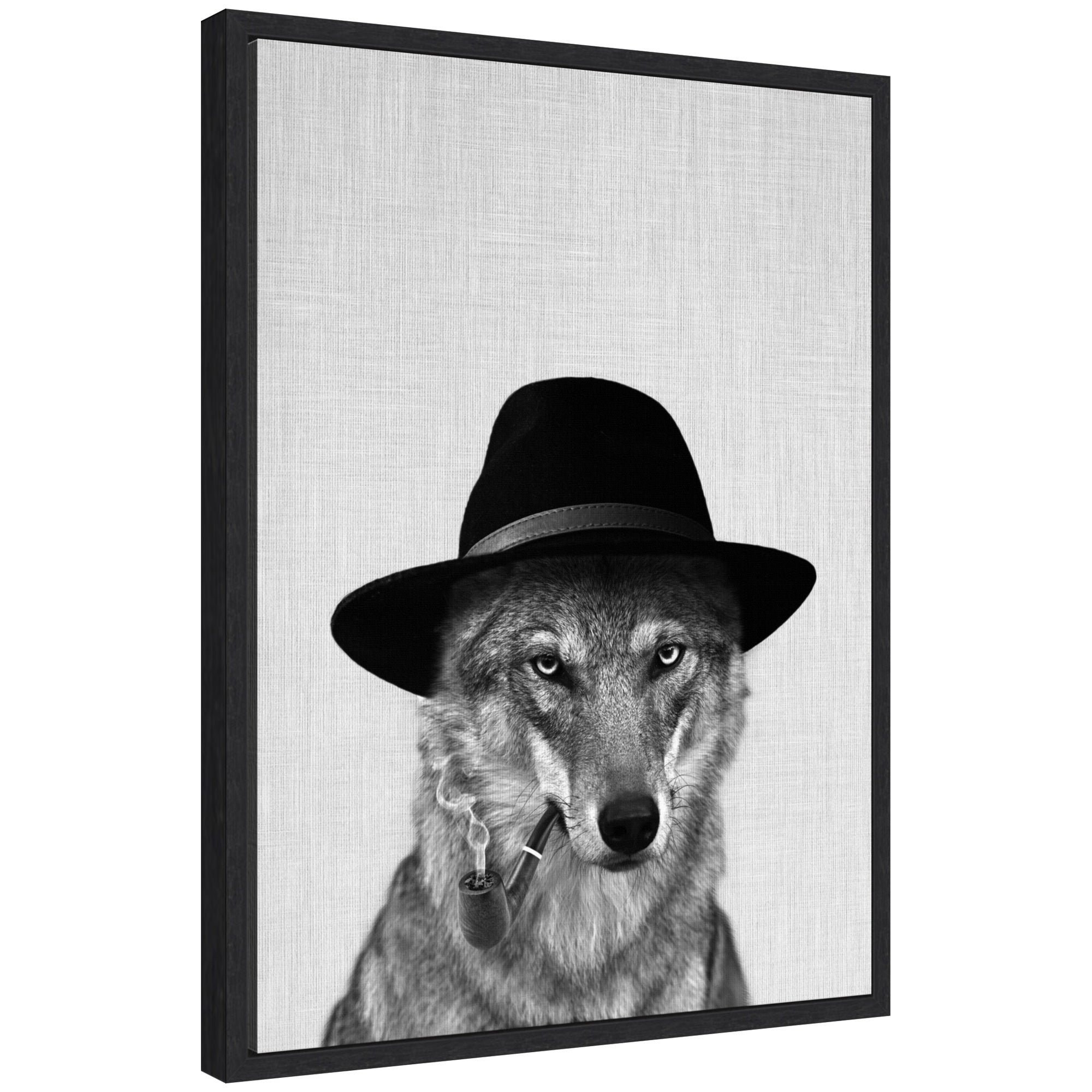 Sylvie Minimalist Wolf framed canvas art showing a minimalist blue-tone wolf illustration in a floating white frame.