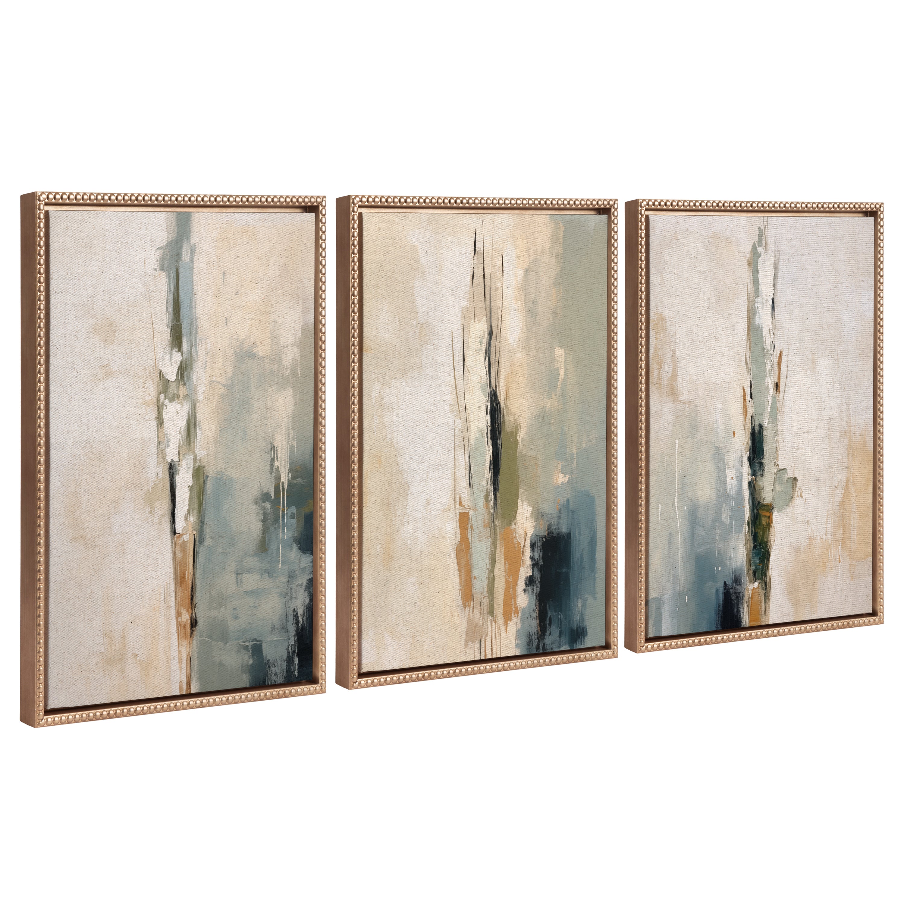 Three framed canvas artworks depicting abstract tall cacti in muted desert colors by The Creative Bunch Studio